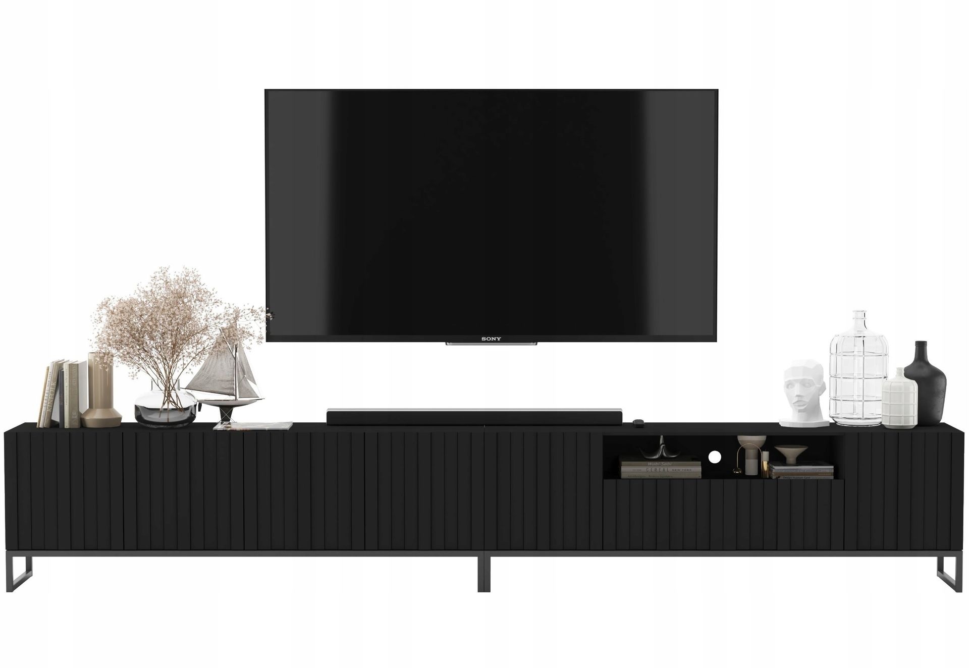 Nowoczesna Szafka Rtv Glamour Komoda Rtv Ryflowane Fronty Czarny Mat 300 cm