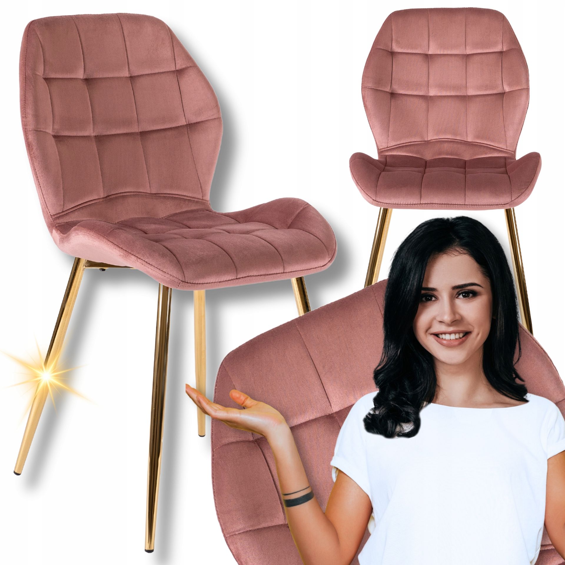 Krzesło Tapicerowane Salonu Jadalni Welur Złote Nogi Glamour Różowe Lucky