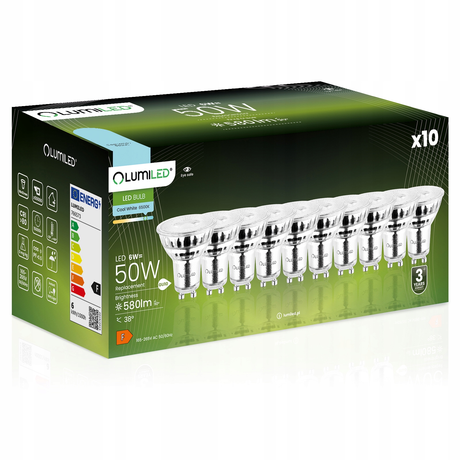 10x Żarówka Led GU10 6W 50W 580lm 6500K Zimna 38° Szklana Lumiled