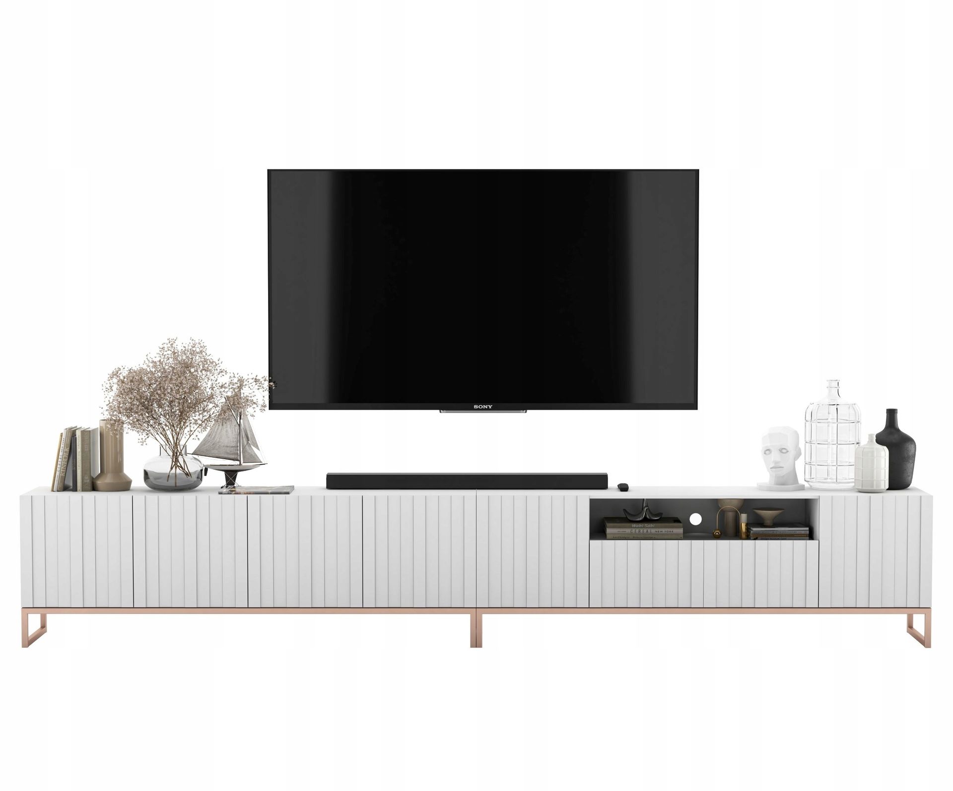 Nowoczesna Szafka Rtv Glamour Komoda Rtv Ryflowane Fronty Biały Mat 300 cm