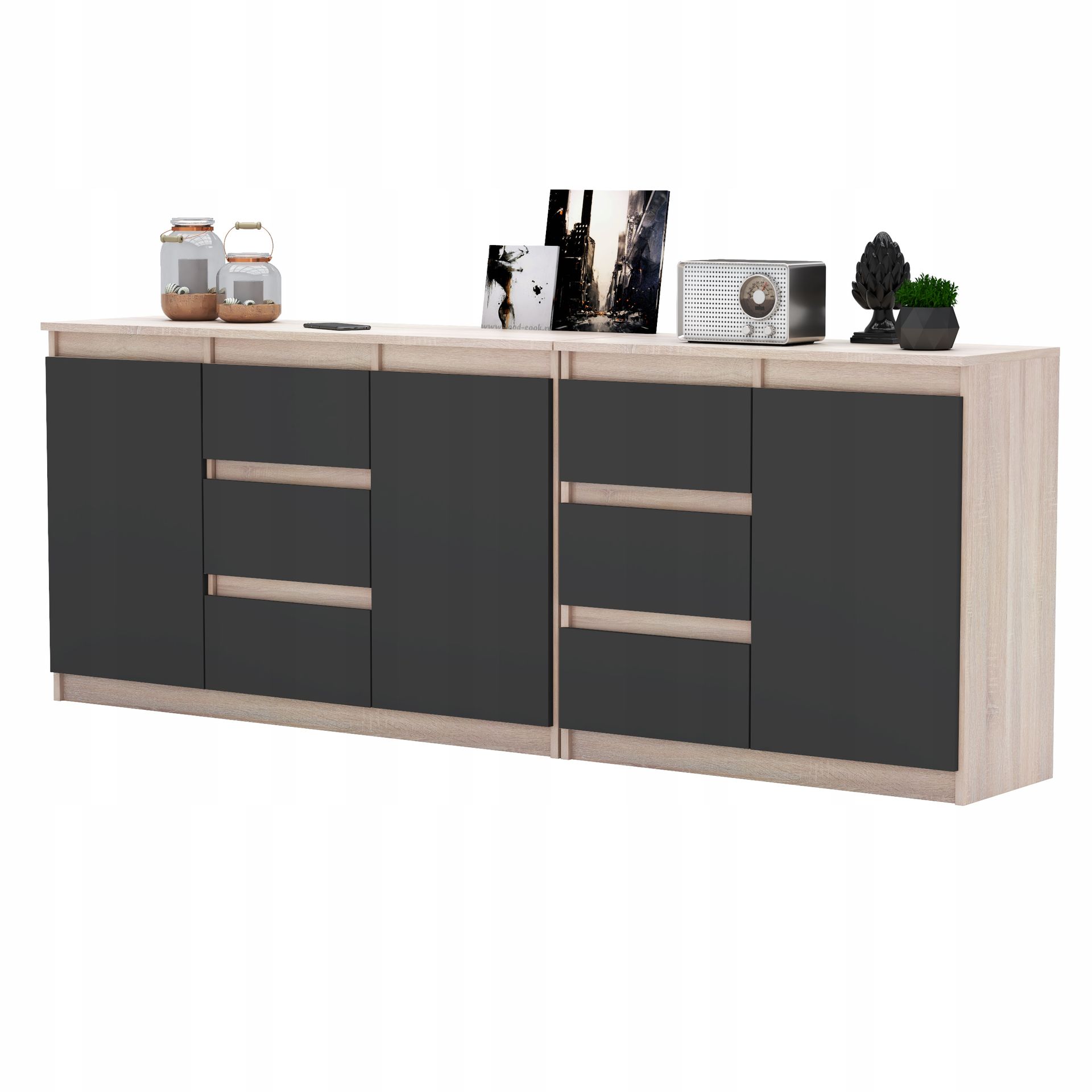 Komoda Sonoma/Antracyt 6 szuflad 3 drzwi Duza Komoda 200cm Zestaw do Salonu