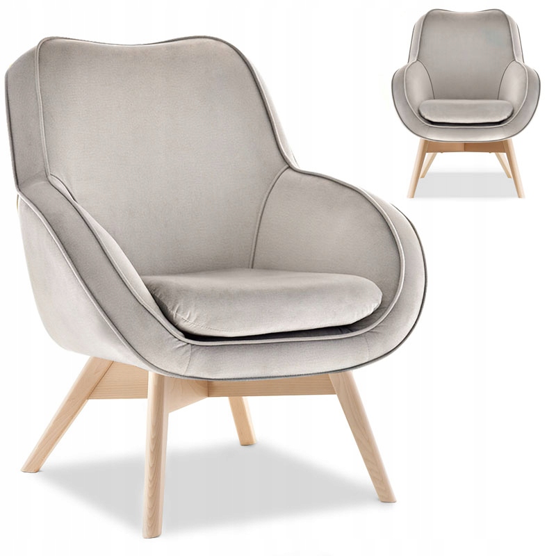 Kubełkowy Fotel Do Salonu Mers Beżowy Szarość Welur Podstawa W Kolorze Dębu