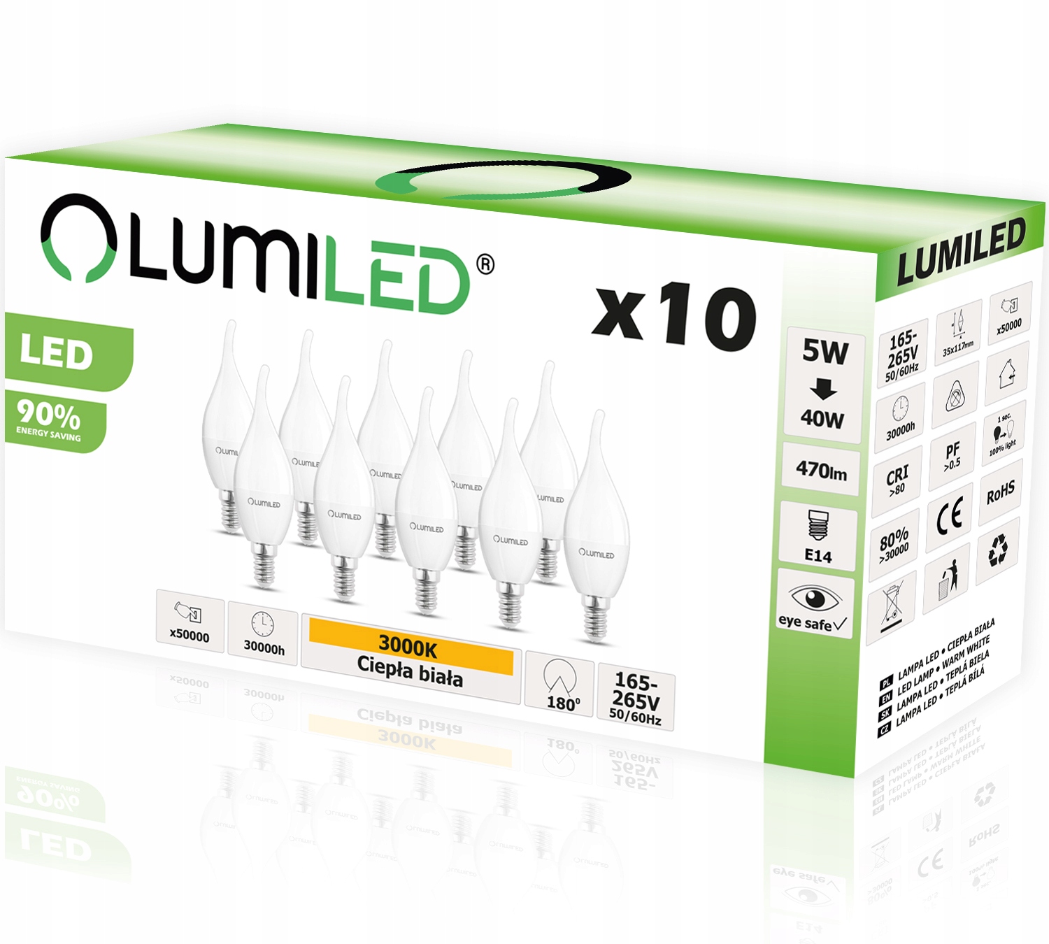 10x Żarówka Led E14 Płomyk 5W 40W 3000K Lumiled