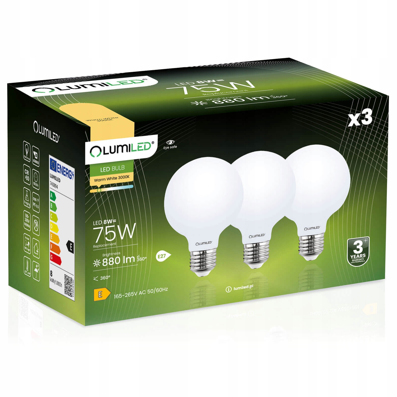3x Żarówka Led E27 G95 8W Globe Mleczny Lumiled