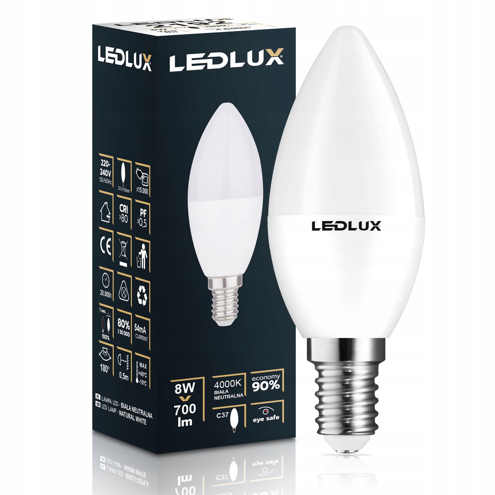 Żarówka Led E14 8W =65W Smd 4000K neutralna Premium Ledlux nie mruga