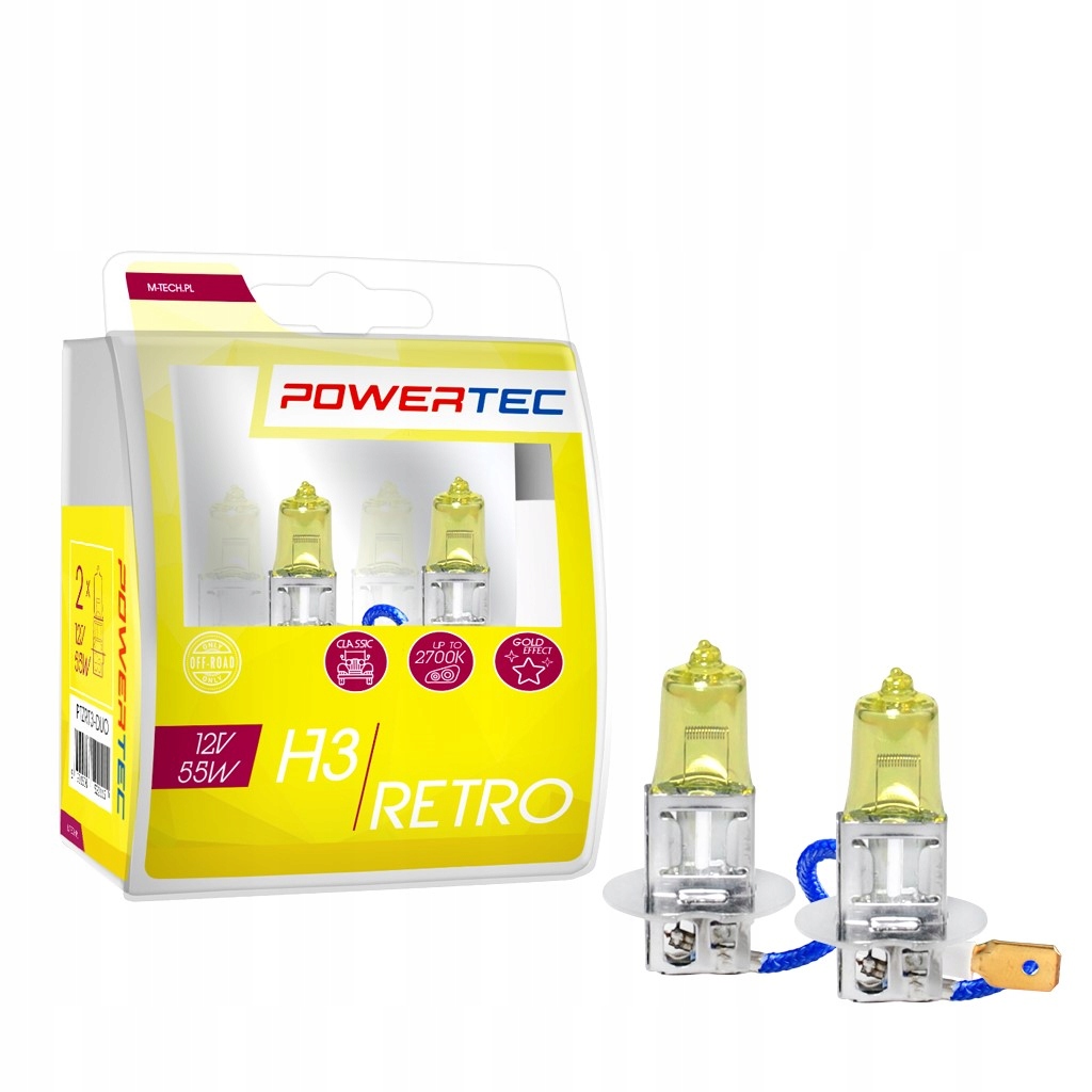 Żarówki samochowe Powertec Retro H3 12V Duo żółta barwa świateł do auta