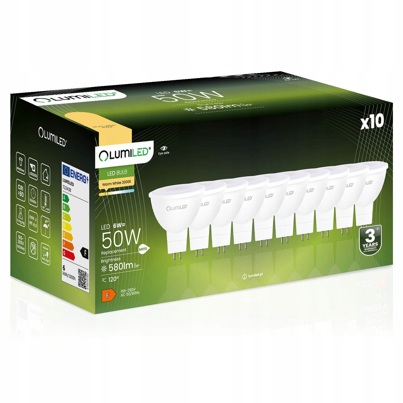 10x Żarówka Led MR16 6W 50W 120° 230V 3000K Ciepła Biała Lumiled