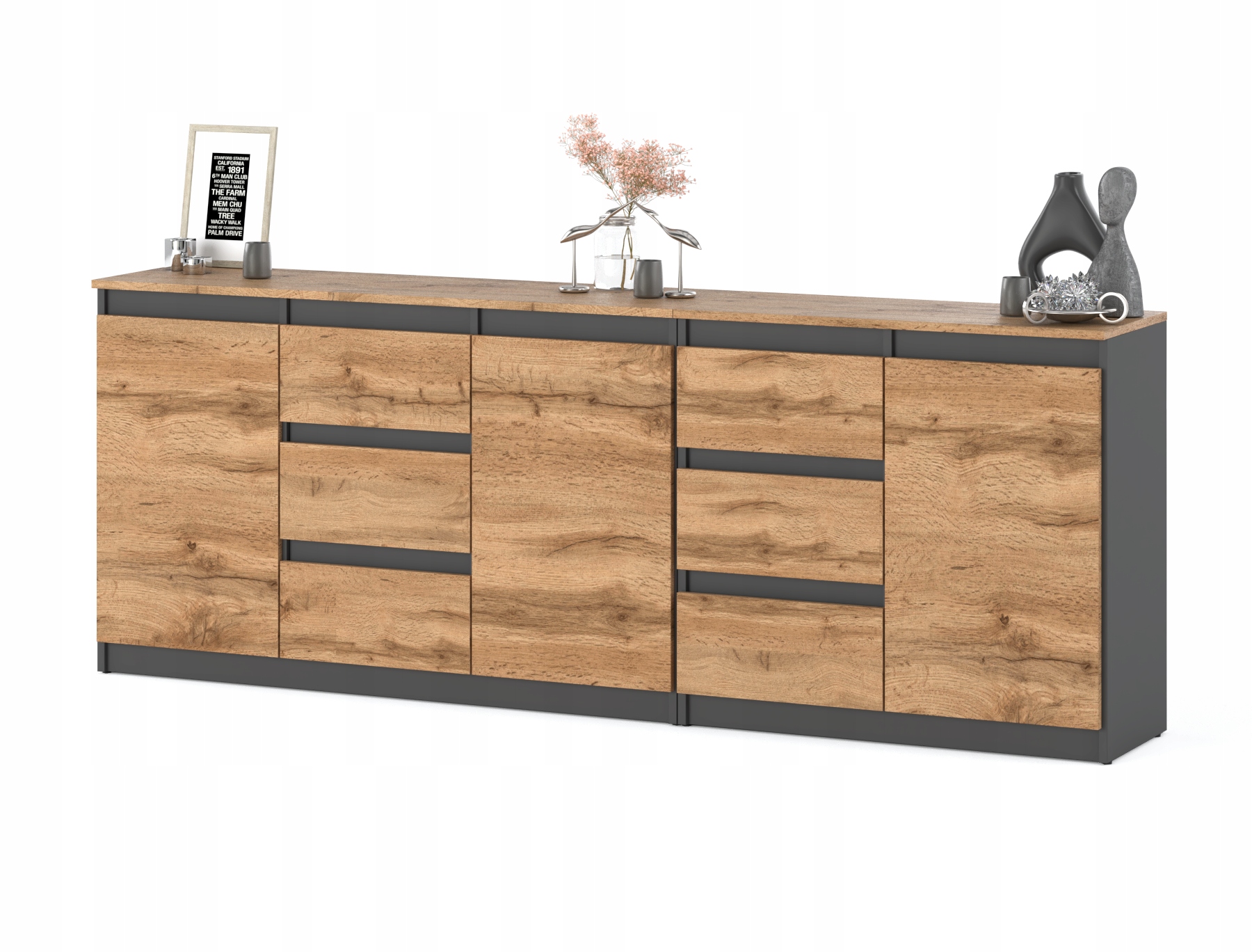 Komoda Lux Antracyt/wotan 6 szuflad 3 drzwi Duża 200 cm Zestaw do Salonu