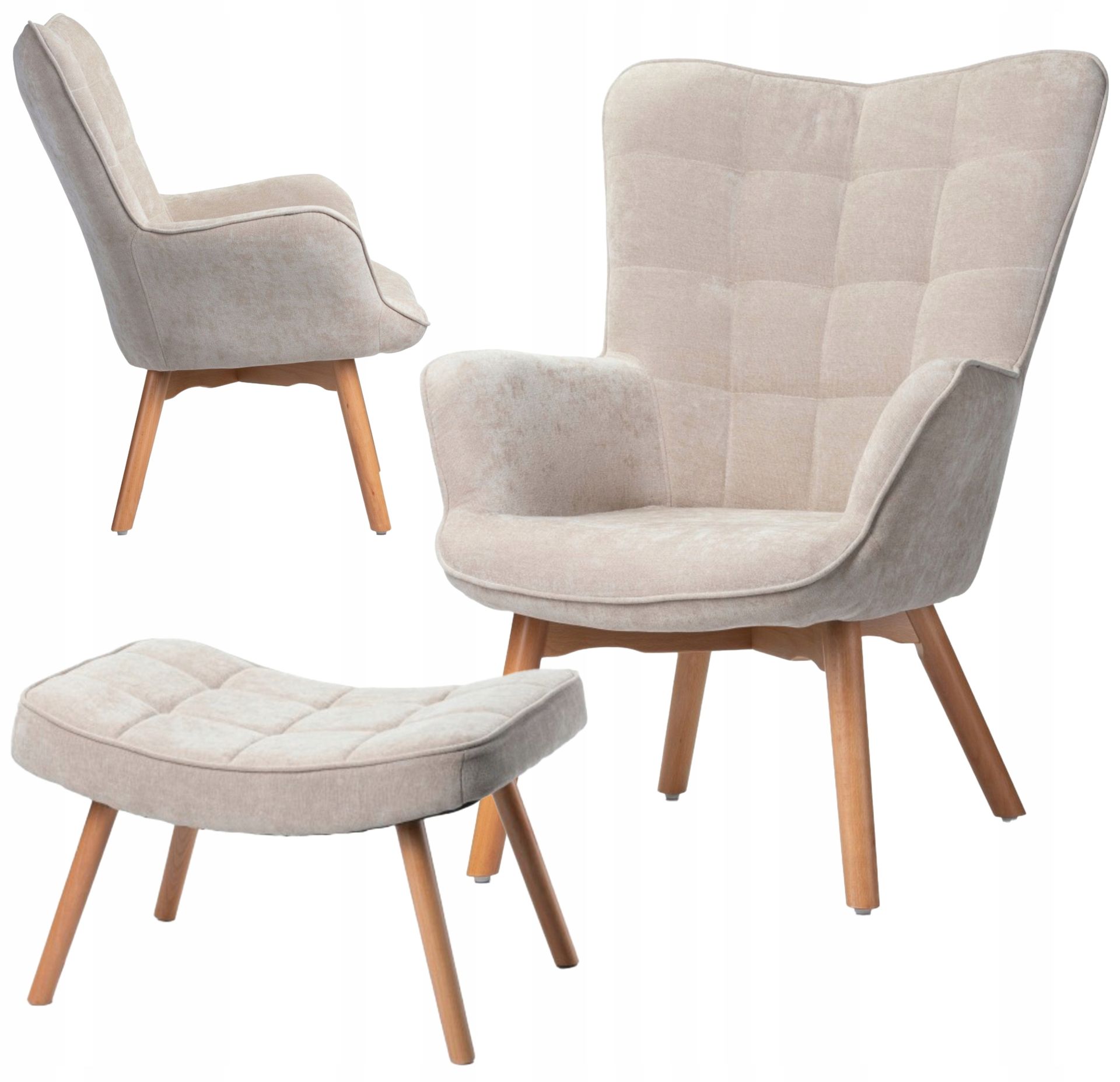 Fotel z podnóżkiem uszak Grella Beige do salonu skandynawski glamour beż