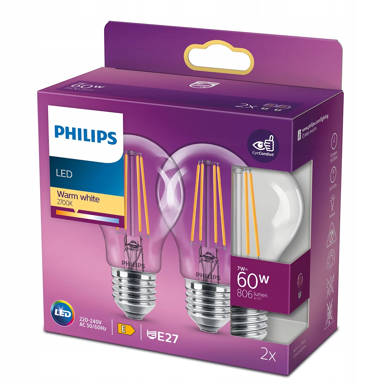 2x Żarówka E27 Philips Led 7W 60W Filament Retro barwa ciepła 2700K 806lm