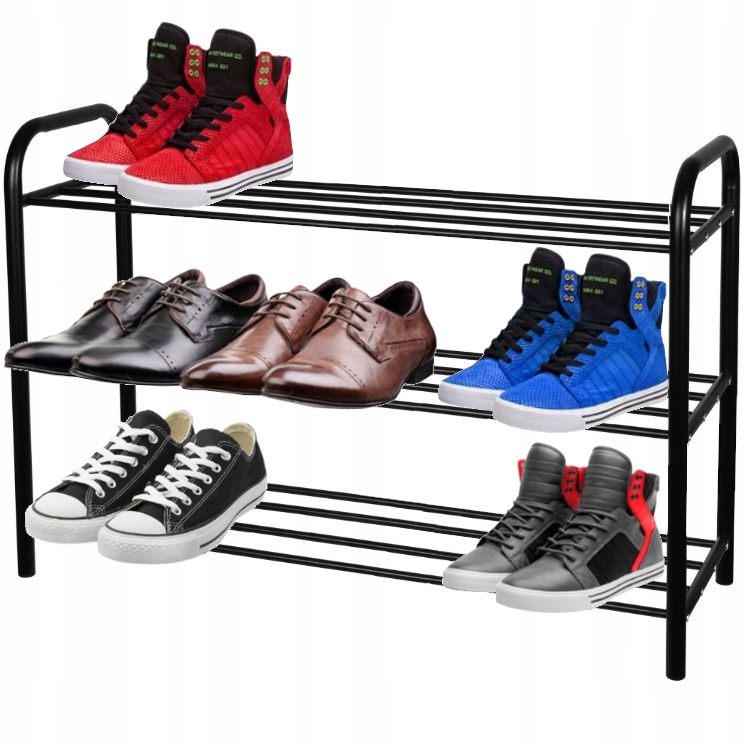 Stylowy Regał czarny, półka na buty 3-poziomowy, metalowy