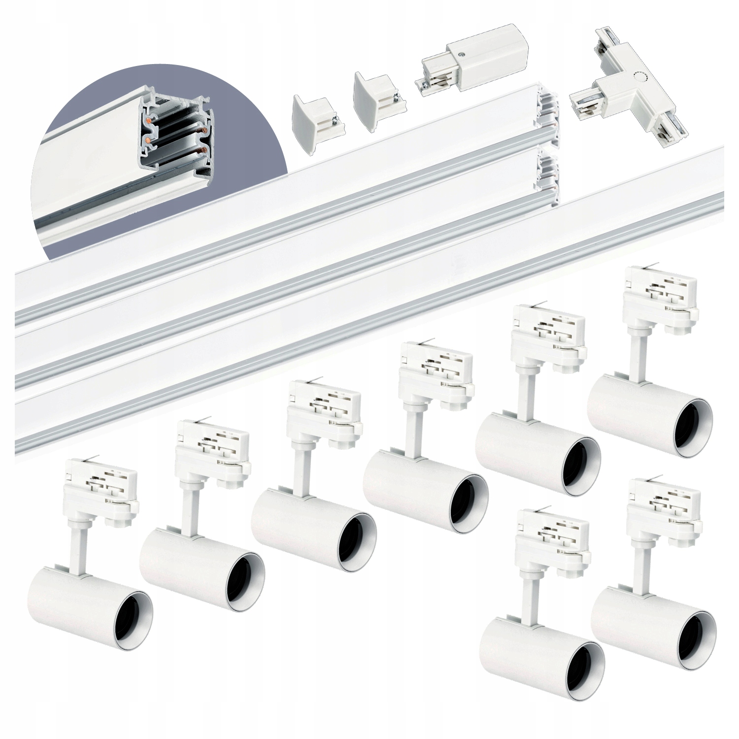 Zestaw szynowy 3 fazowy szyna 1m+1m+2m, 8x Lampa, łącznik T Biały komplet