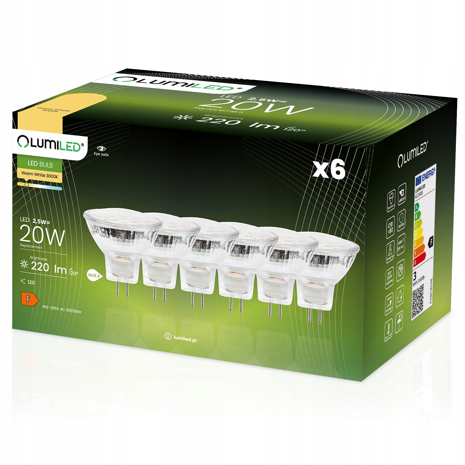 6x Żarówka Led MR11 GU5.3 2,5W 3000K 230V Lumiled