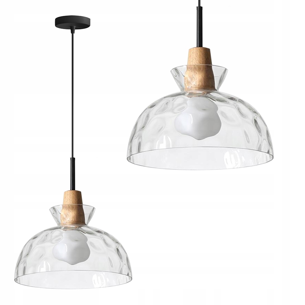 Lampa Sufitowa Wisząca Szklana Drewno Boho Retro