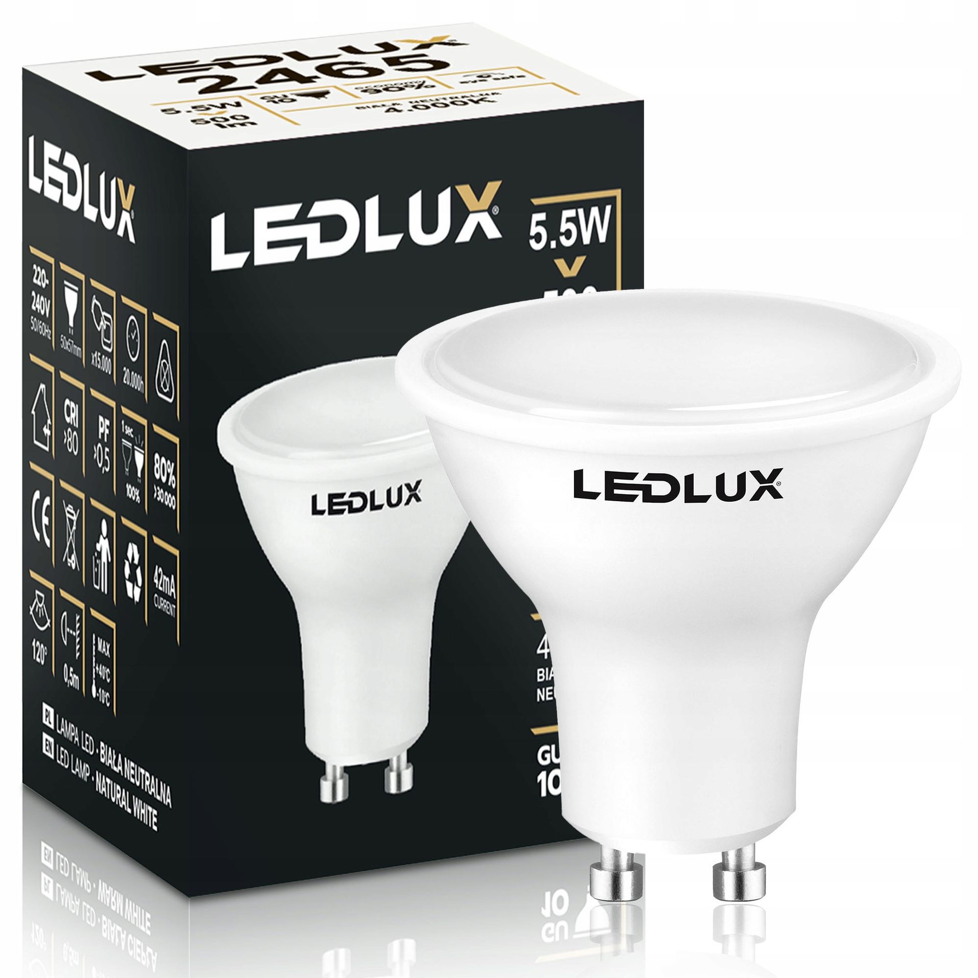 Żarówka Led GU10 5,5W =50W Smd 4000K neutralna Premium Ledlux nie mruga