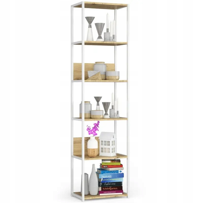 Regał loftowy metalowy 50 cm biały-dąb artisan 6 półek