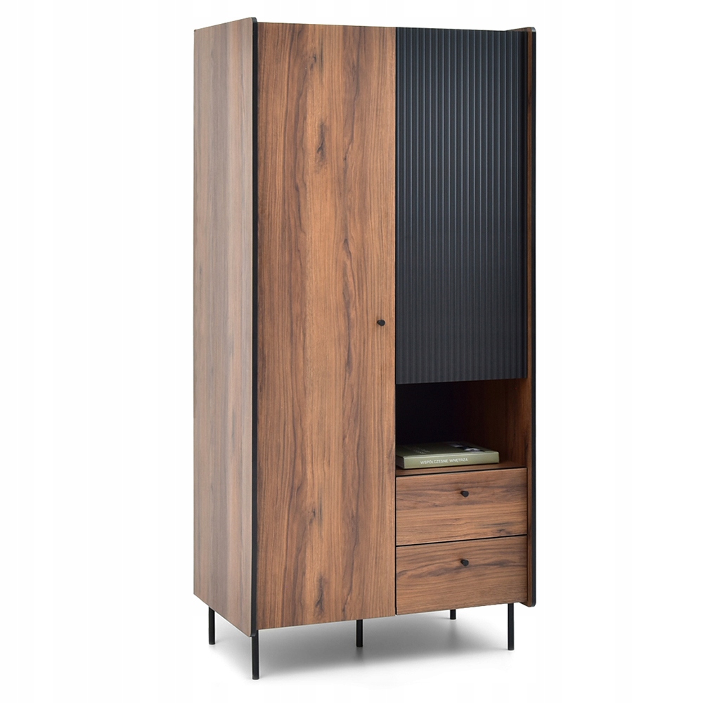Szafa Dwudrzwiowa Ryflowany Front Szuflady Do Salonu Puerto P1 Orzech Czerń