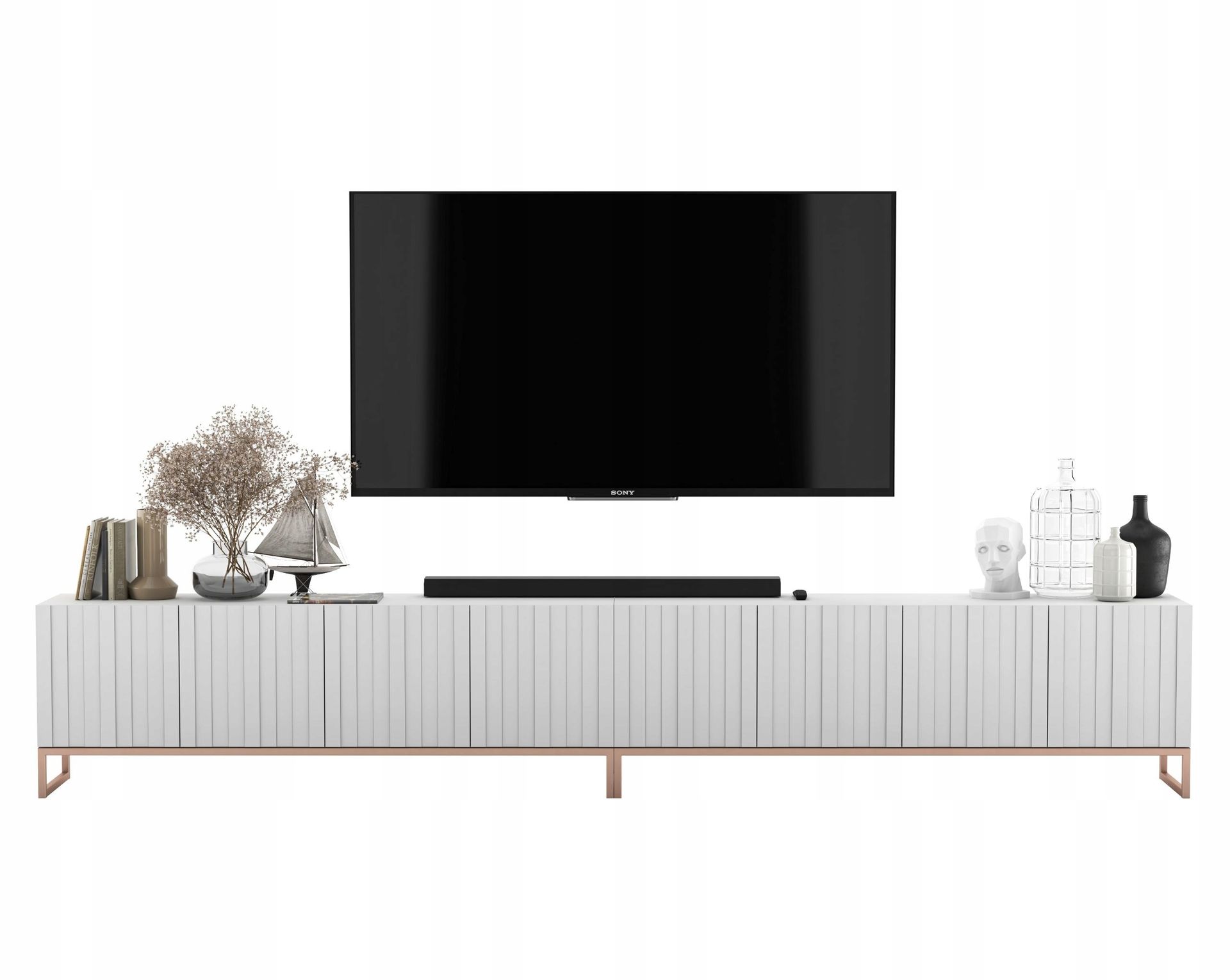 Komoda Rtv Glamour Nowoczesna Szafka Rtv Ryflowane Fronty Biały Mat 300 cm