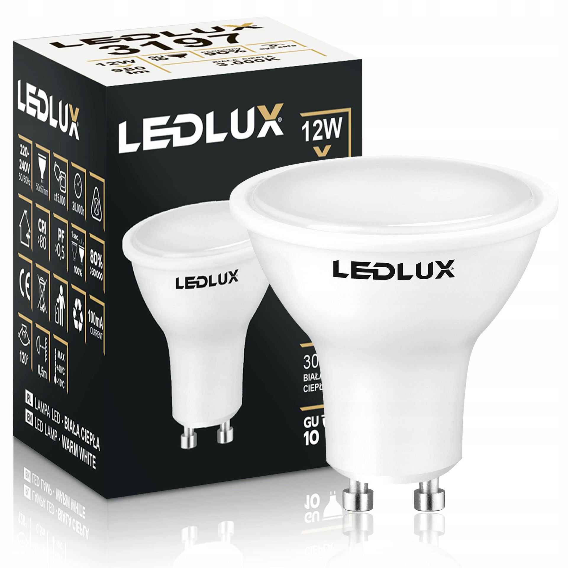 Żarówka Led GU10 12W =95W Smd 3000K ciepła Premium Ledlux nie mruga