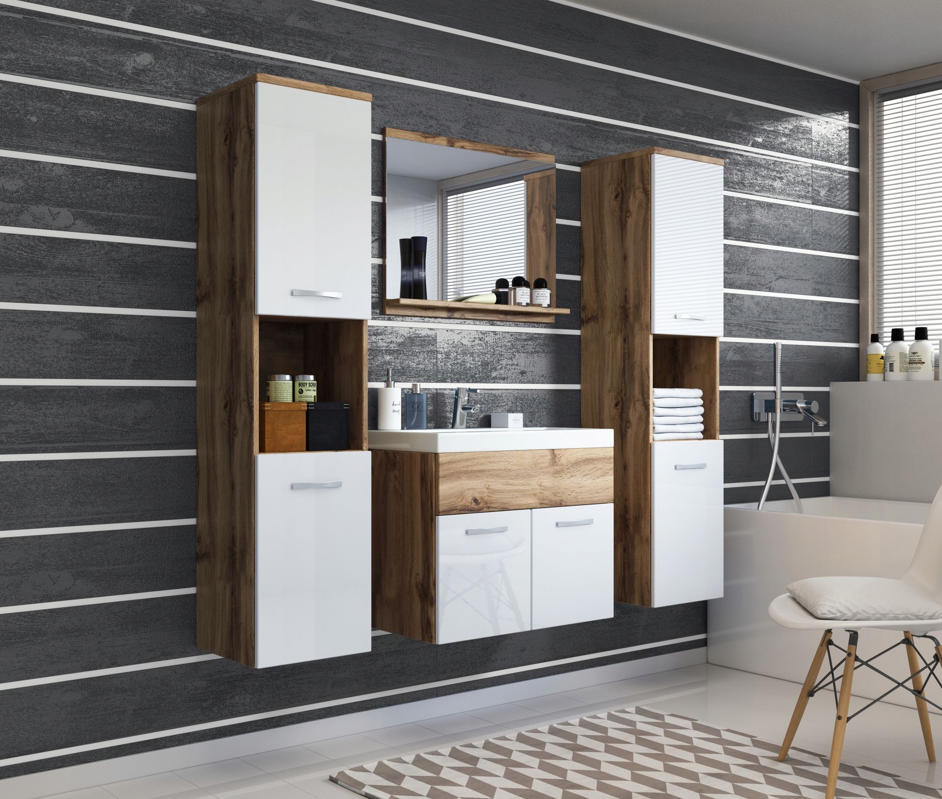 Łazienka z umywalką zestaw szafka 2xsłupek lustro