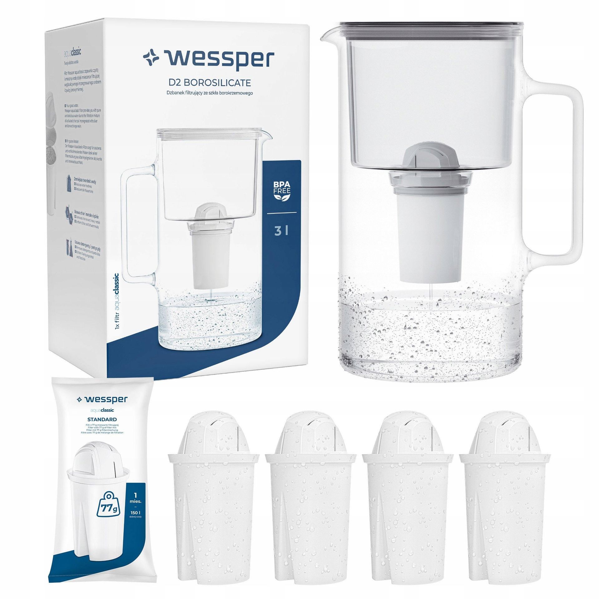 Dzbanek Szklany Wessper D2 Borosilicate 3l 5x Filtr Wessper aquaclassic