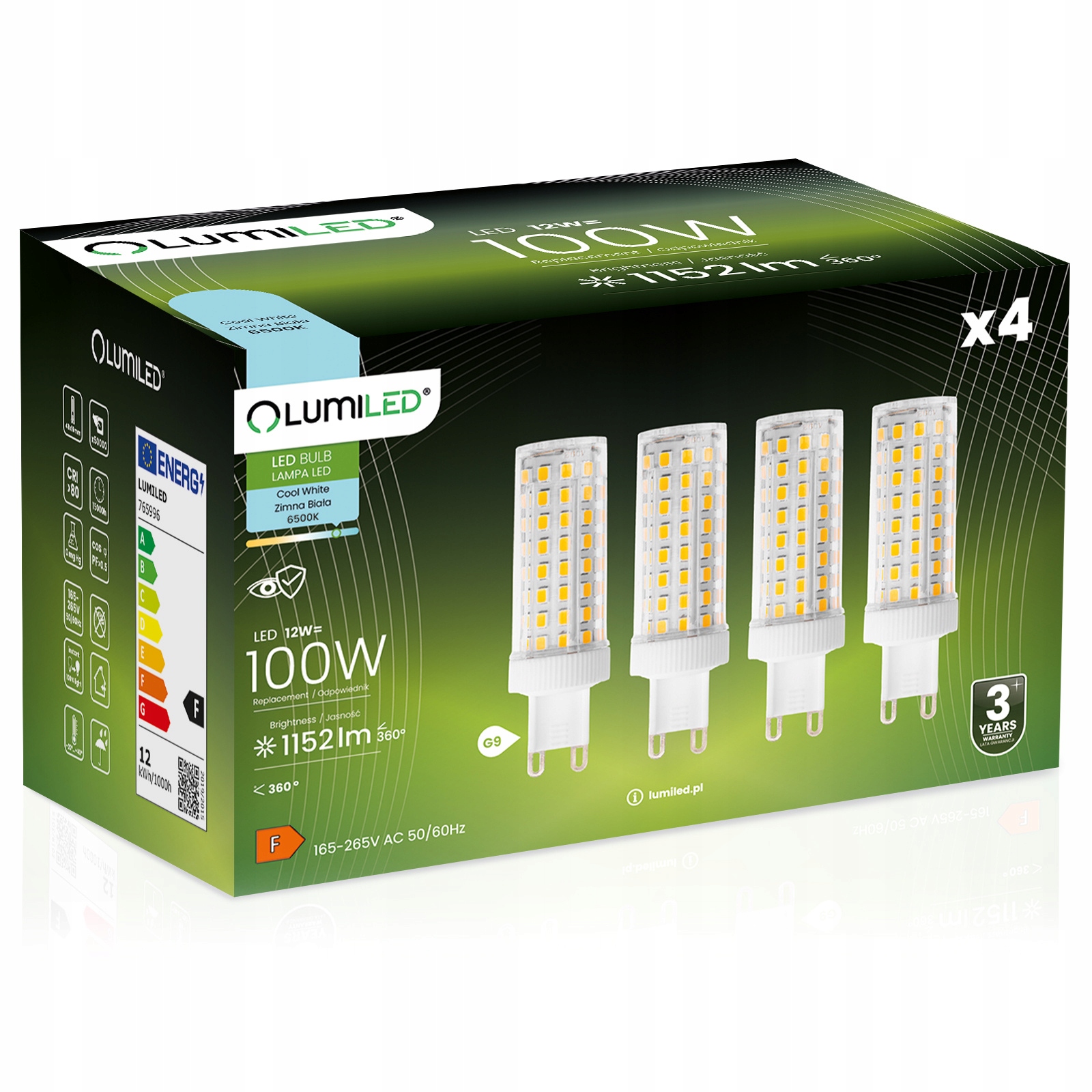 4x Żarówka Led G9 Kapsułka 12W 100W 1152lm 6500K Zimna 360° Lumiled
