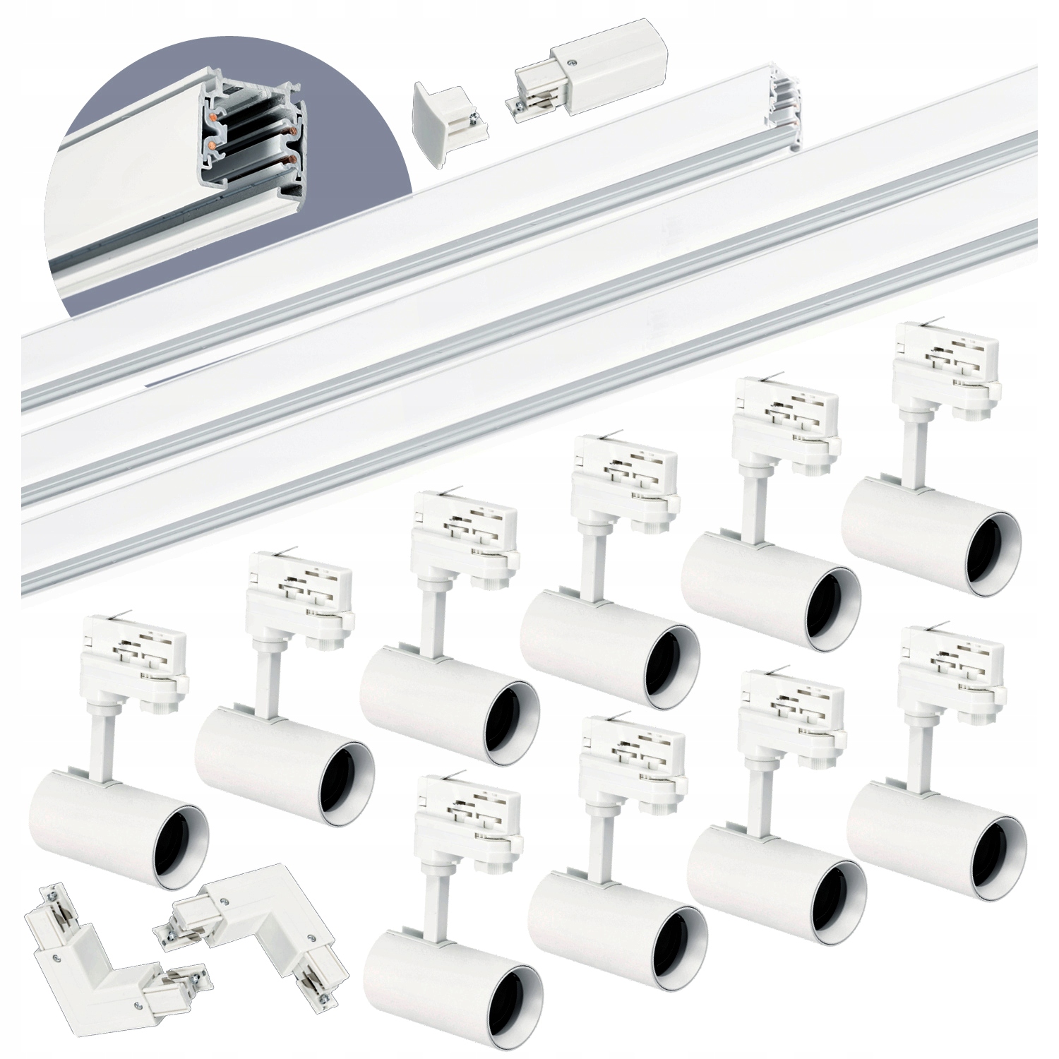Zestaw szynowy 3 fazowy szyna 1m+2m+2m, 10x Lampa, łącznik L Biały komplet