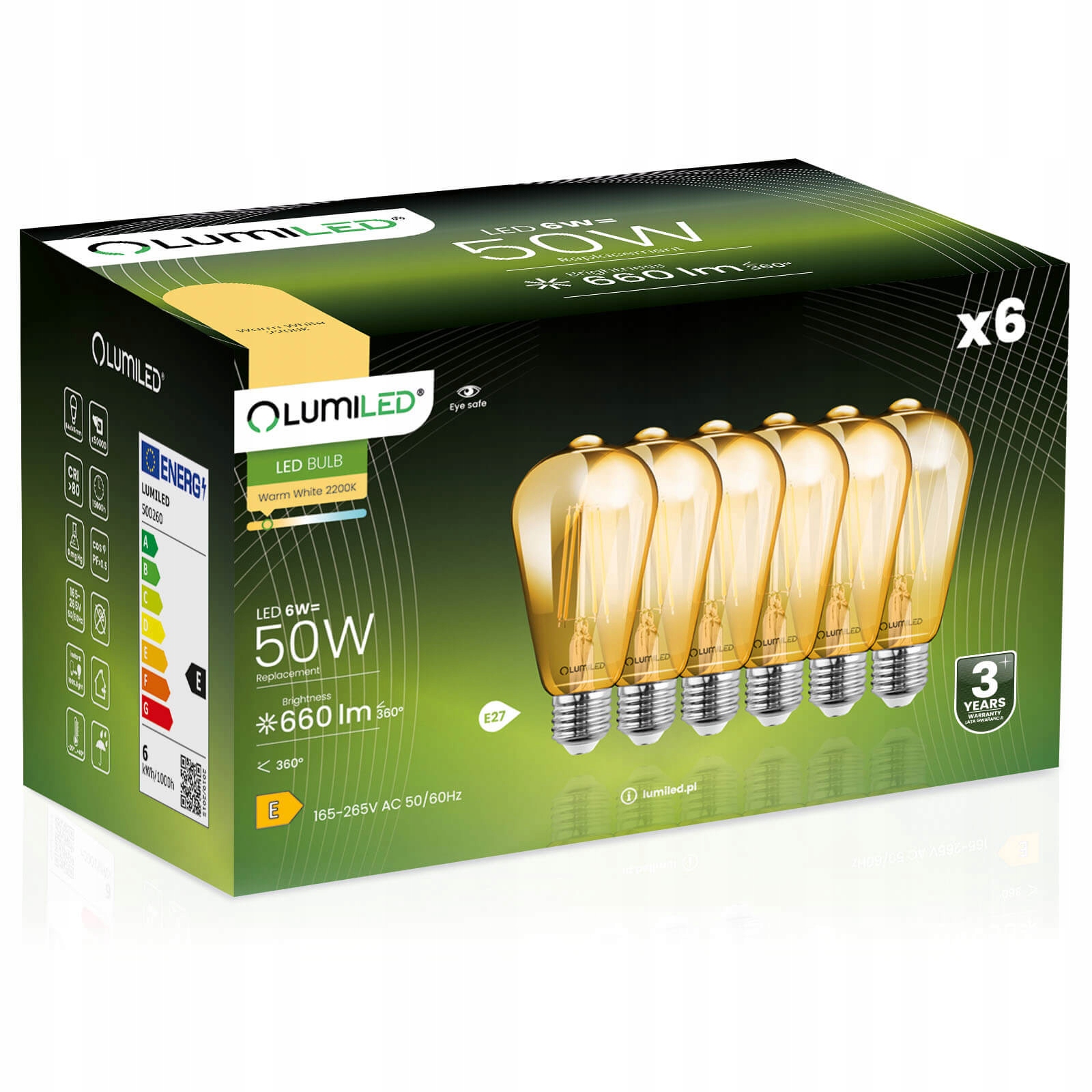 6x Żarówka Led E27 Edison ST64 6W Amber Filament Ozdobna Bursztynowa