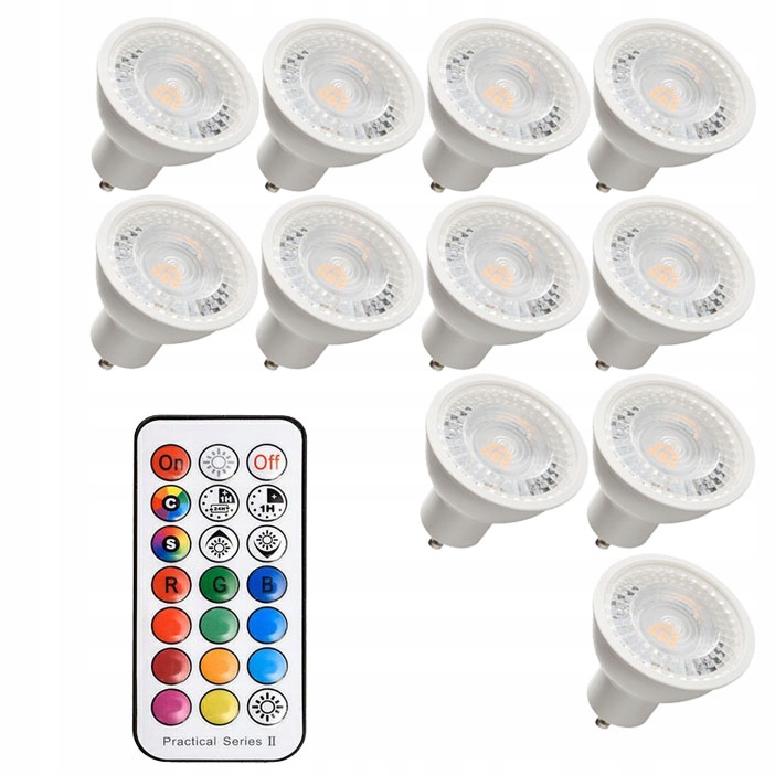 Zestaw 11 x żarówka gu10 Rgb neutralna z pilotem