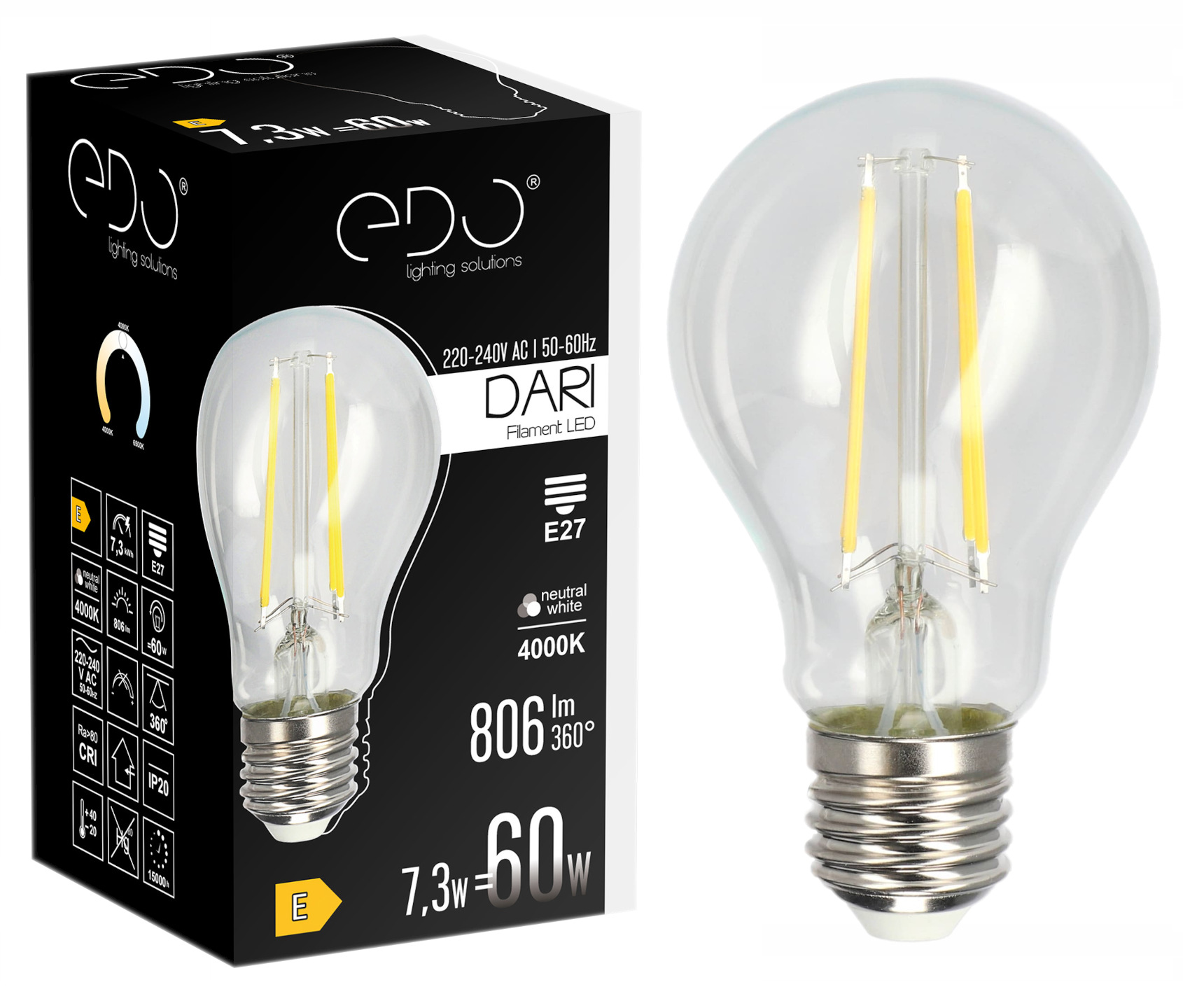Żarówka Filament Led E27 A60 Clear 7,3W 4000K neutralna 806lm Edo