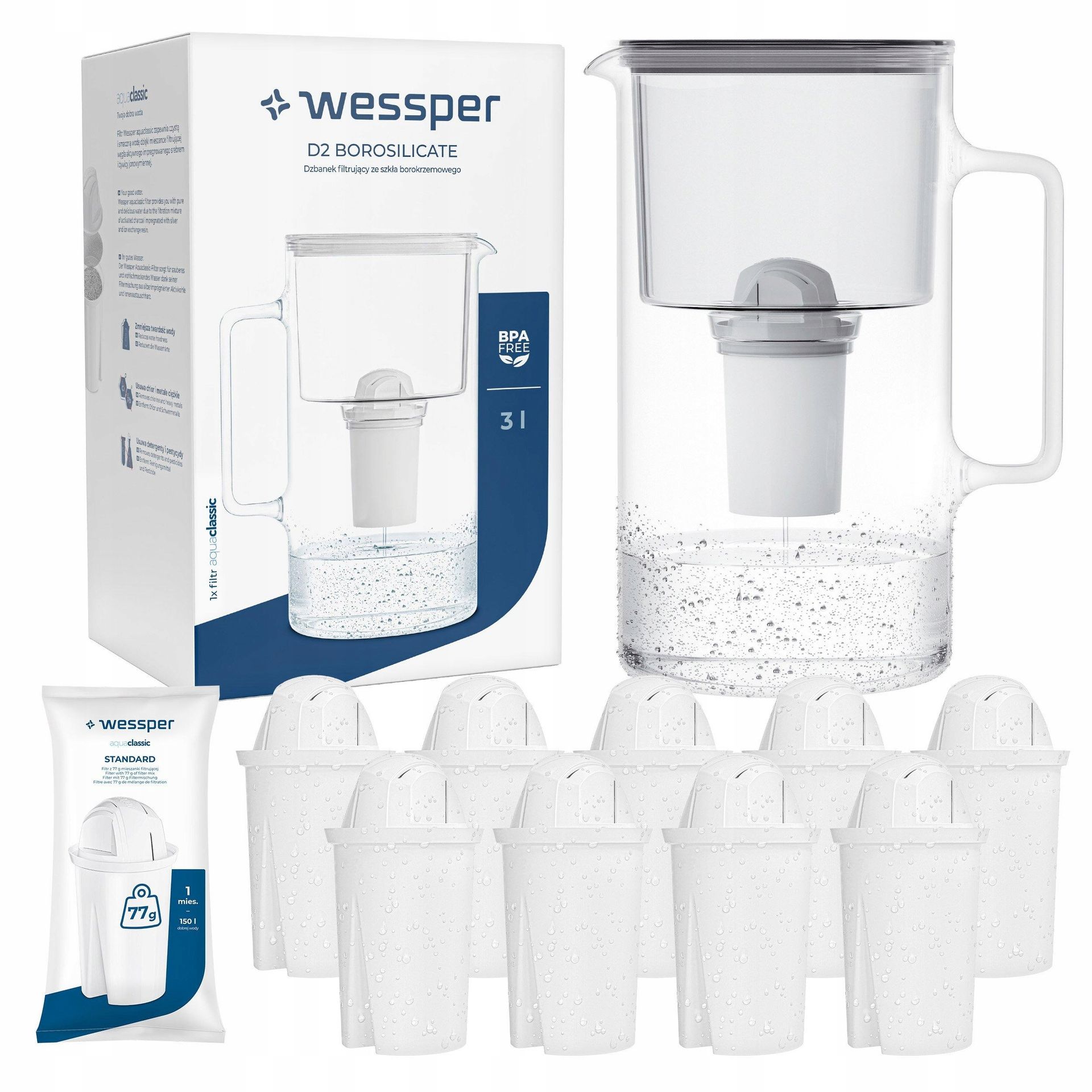 Dzbanek filtrujący szklany Wessper 3l Szary 10x Filtr aquaclassic 77g
