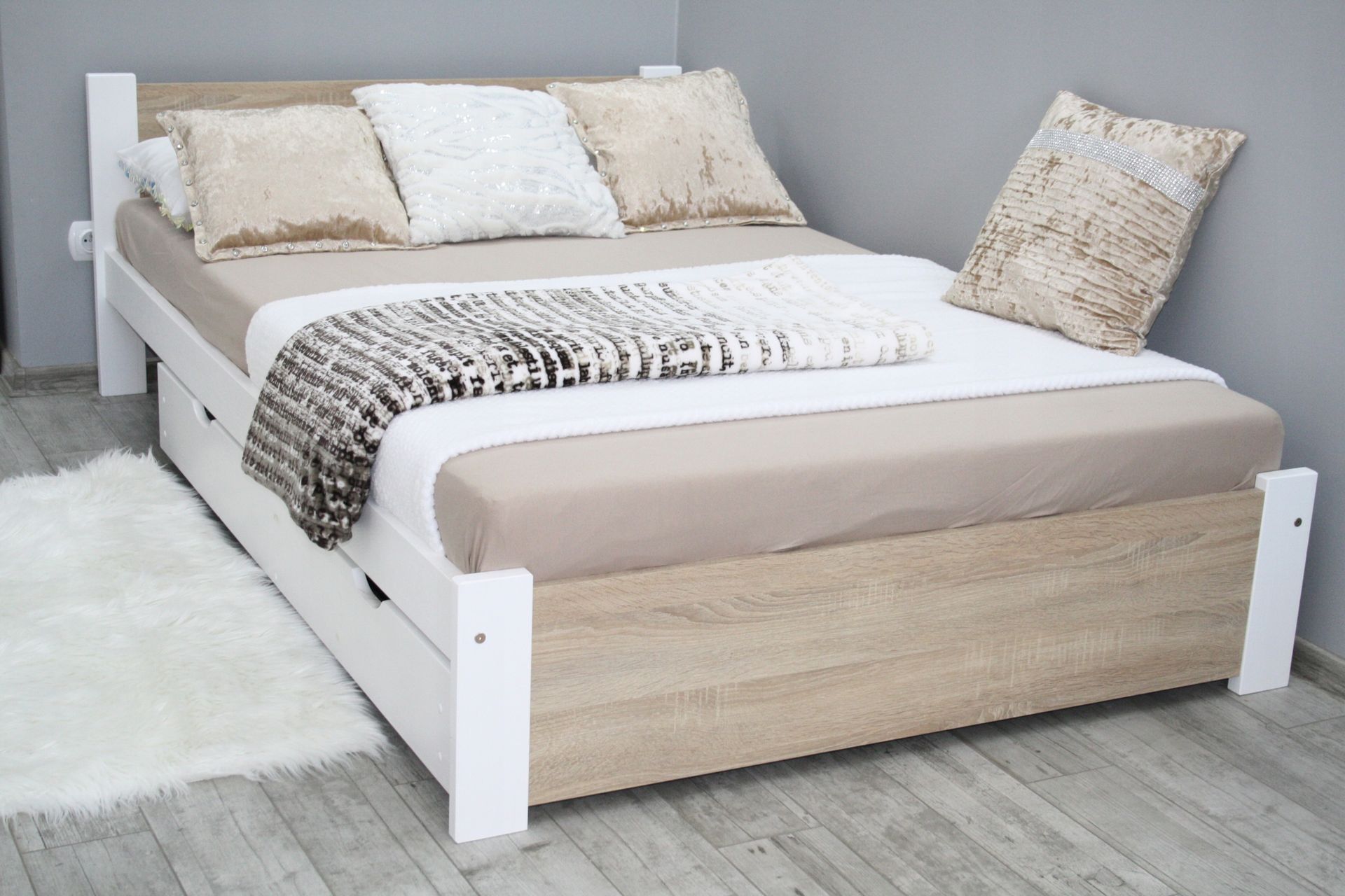 Łóżko 3D 180x200 białe dąb sonoma stelaż masywne