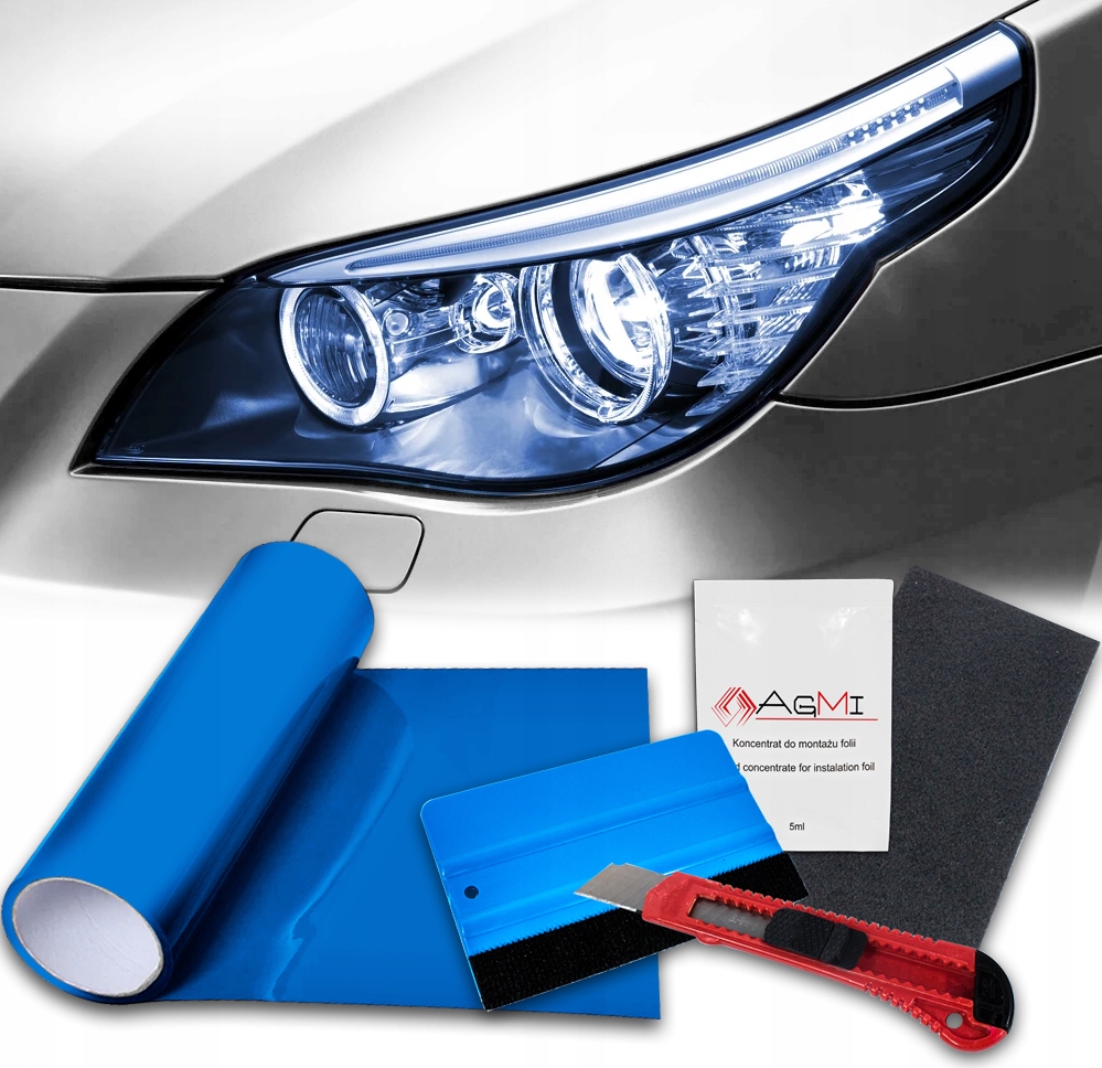 Niebieska Folia Do Lamp Reflektorów 2M Z Raklą Płynem Nożykiem Duży Zestaw