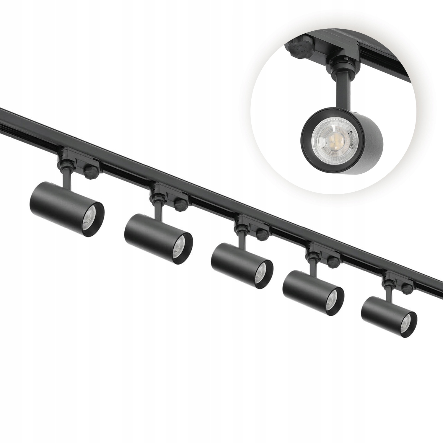 Zestaw szynowy 3 fazowy szyna 2m, 5x Lampa Czarny kompletny zestaw