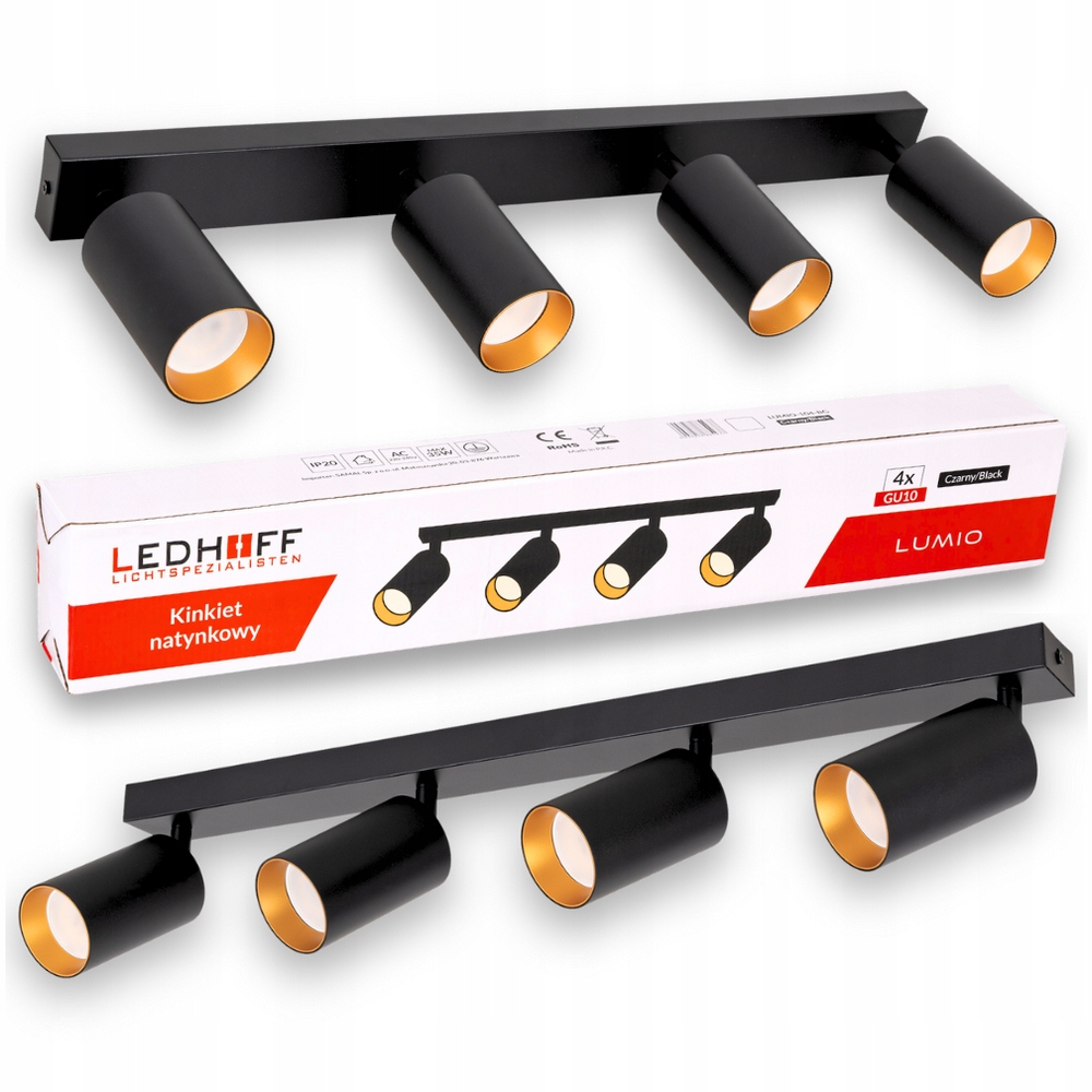 Lampa sufitowa spot Kinkiet oprawa halogenowa Led 4x GU10 czarna Złota tuba