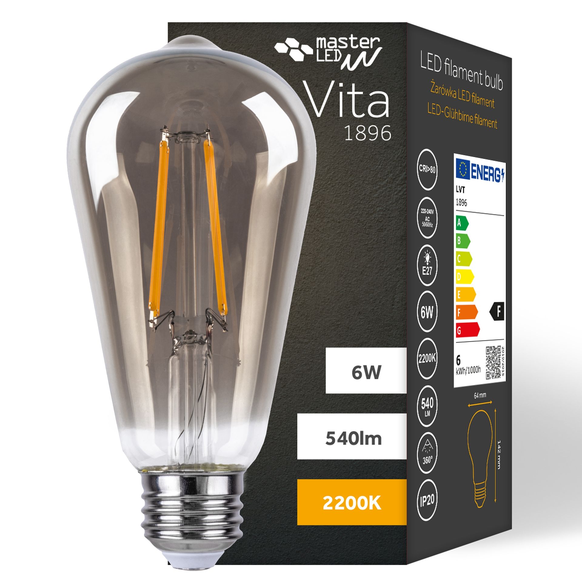 Żarówka Led E27 Filament ST64 2200K 6W dym