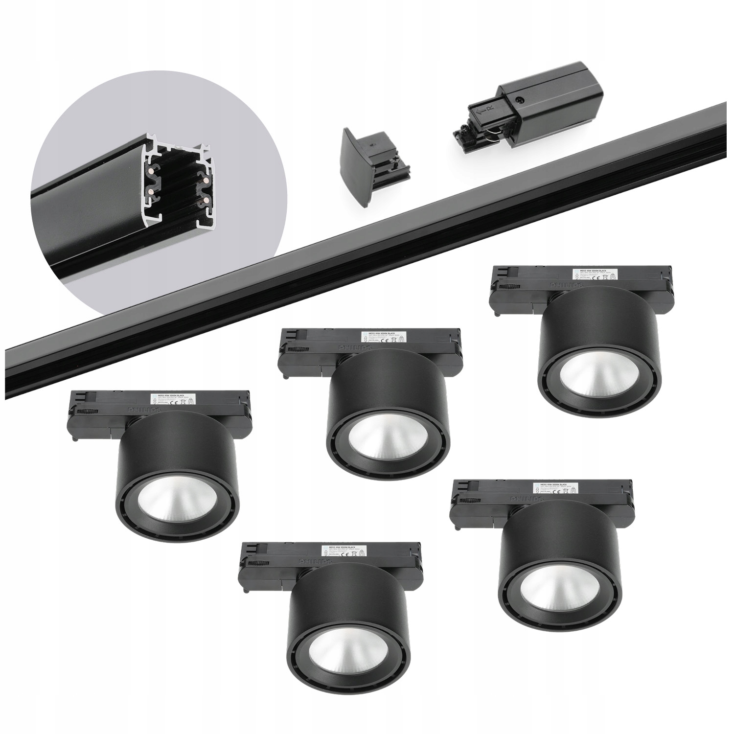 Zestaw szynowy 3 fazowy szyna 2m, 5x Led 10W Czarny kompletny zestaw