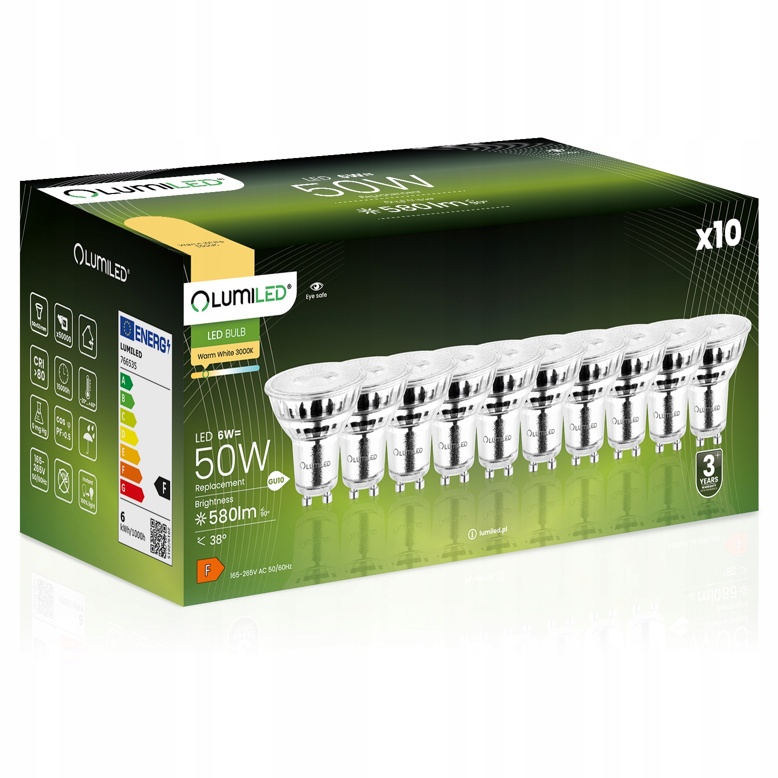 10x Żarówka Led GU10 6W 50W 580lm 3000K Ciepła 38° Szklana Lumiled