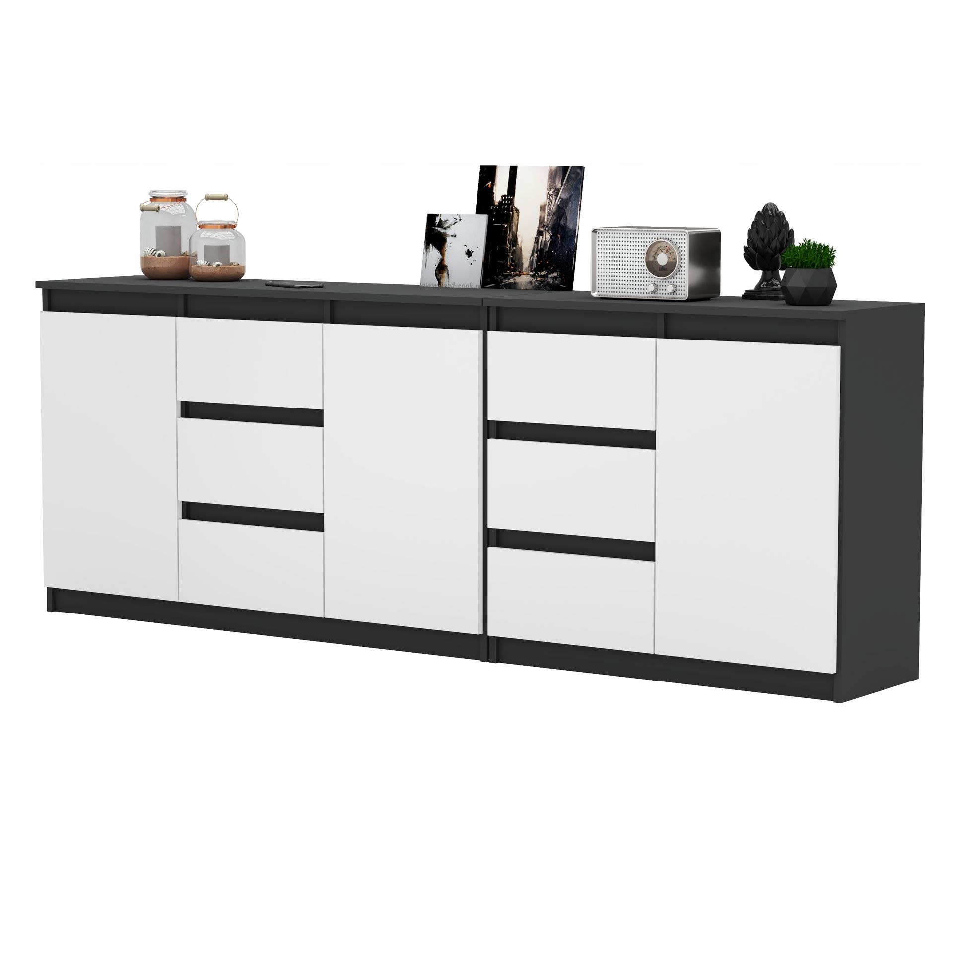 Komoda Antracyt/Biały 6 szuflad 3 drzwi Duza Komoda 200 cm Zestaw do Salonu