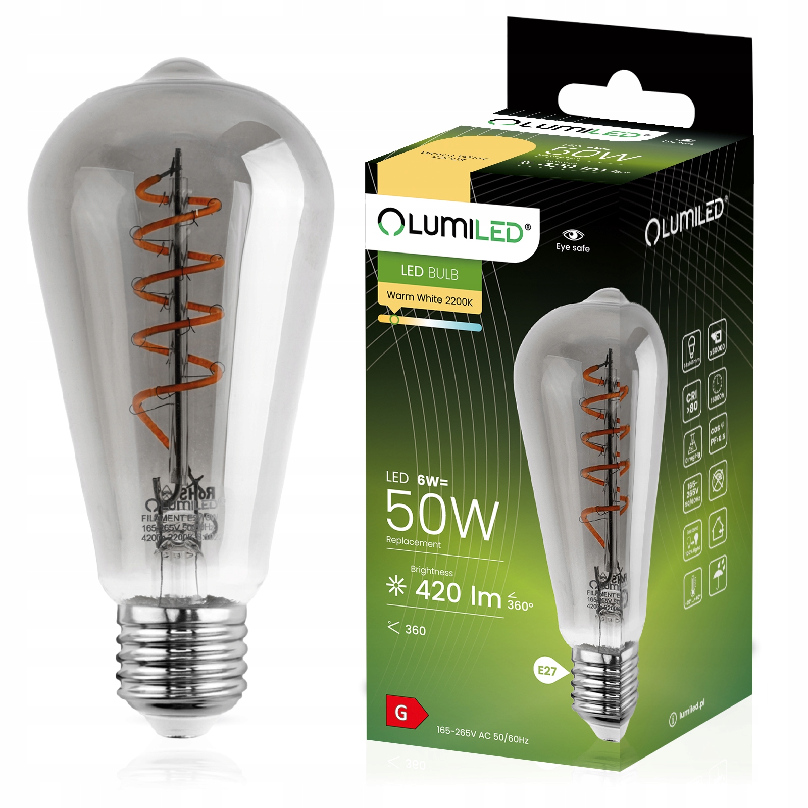 Żarówka Led E27 Edison ST64 6W Filament Ozdobna Retro Dymiona Spiralna