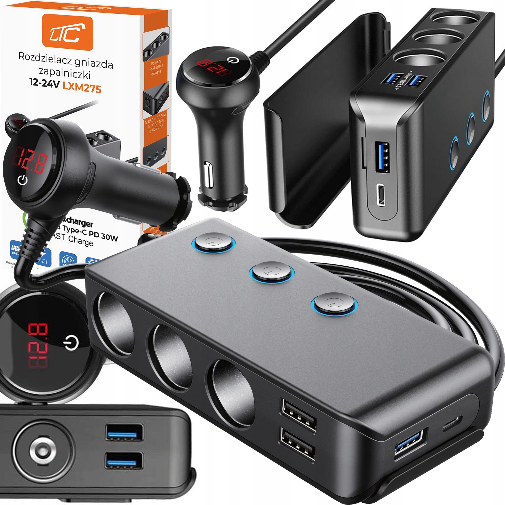 Rozdzielacz Rozgałęźnik Zapalniczki Szybka Ładowarka Samochodowa Usb Qc Pd