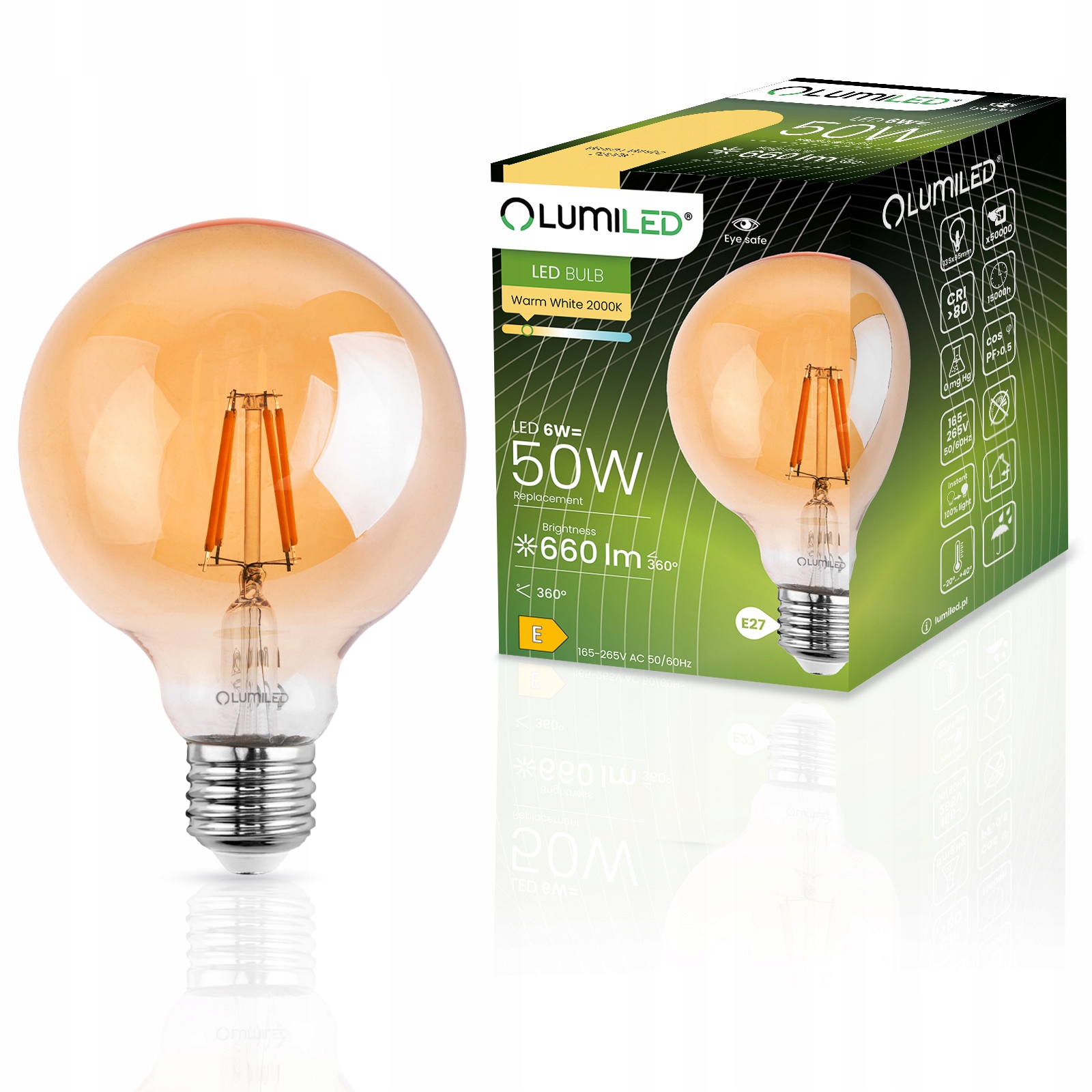 Żarówka Led E27 G95 Globe 6W Kula Ozdobna Filament Amber Bursztynowa Retro