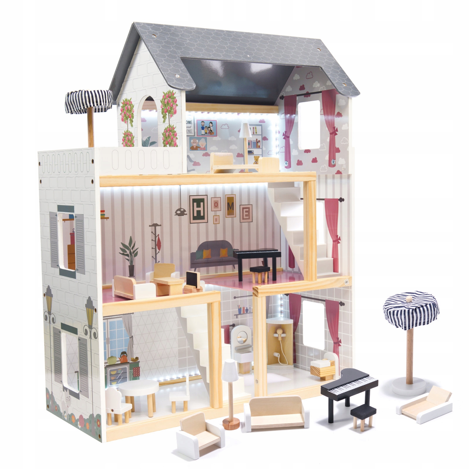 Drewniany domek dla Lalek Led Willa XL Mdf meble mebelki 78cm