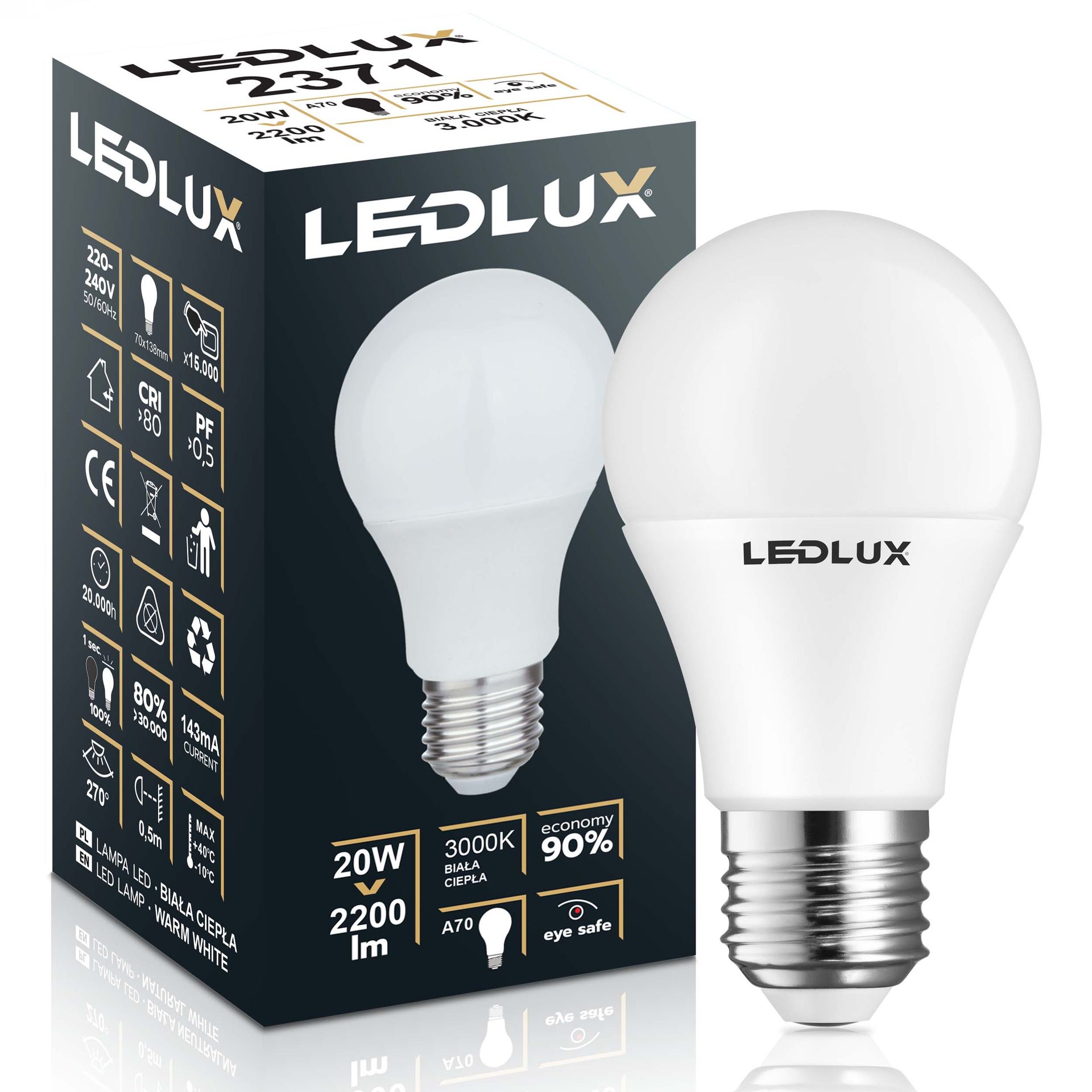 Żarówka Led E27 20W =150W Smd 3000K ciepła Premium Ledlux nie mruga