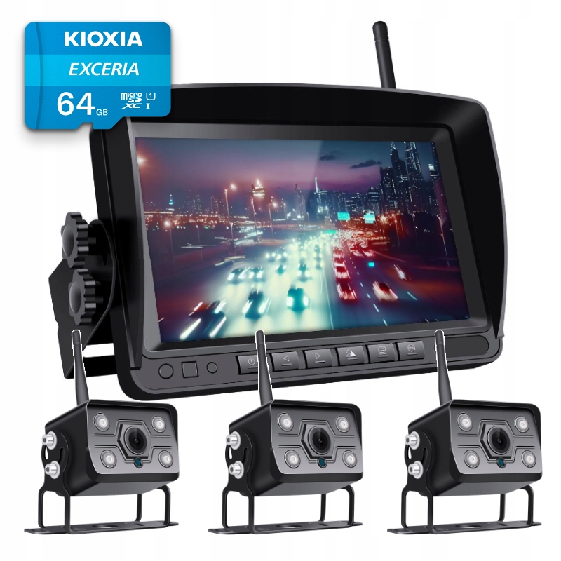 Bezprzewodowy Zestaw Cofania Ips 3 Kamery Fhd 64GB