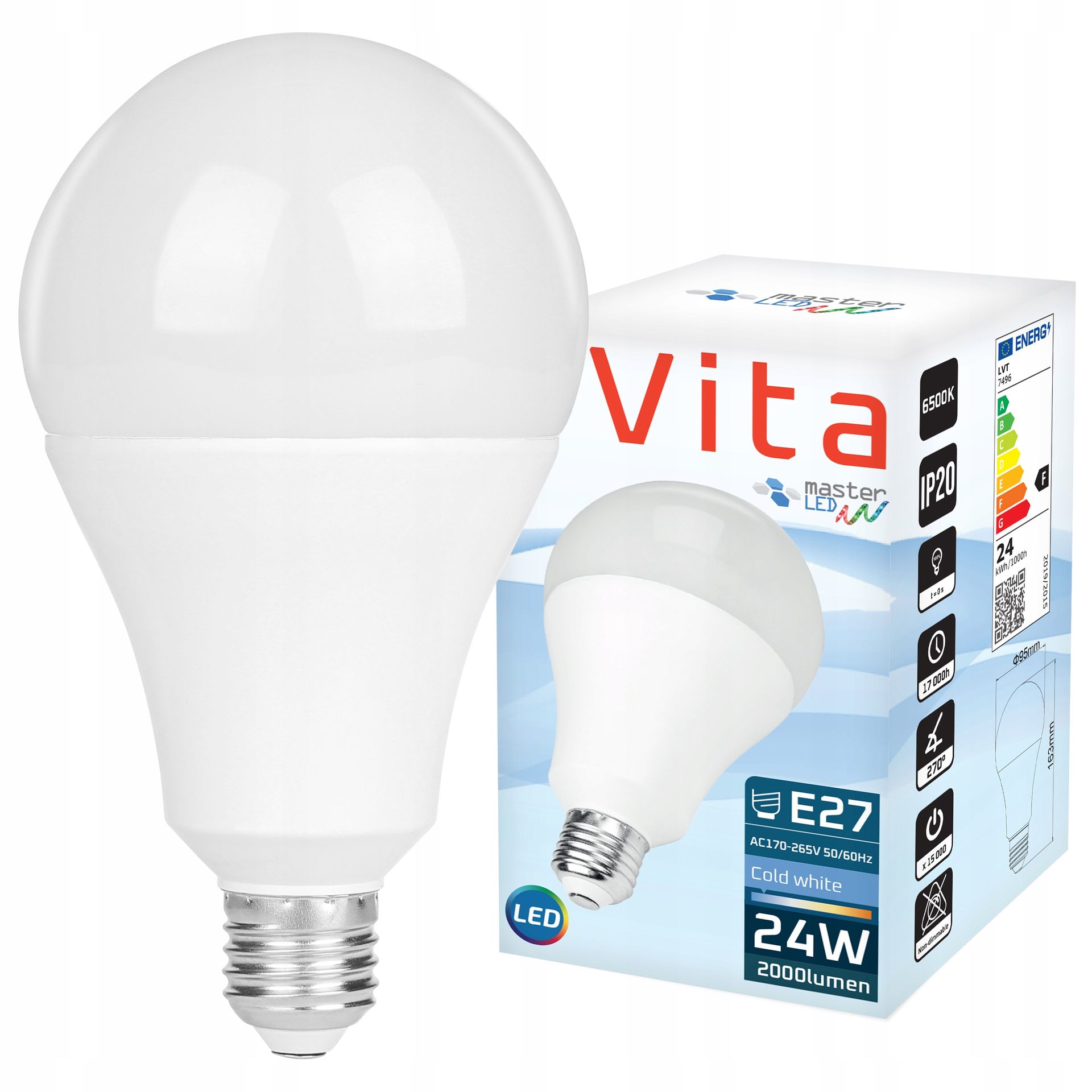 Żarówka Led E27 zimny 6200K Smd dioda 2835 24W 230V A95 biała