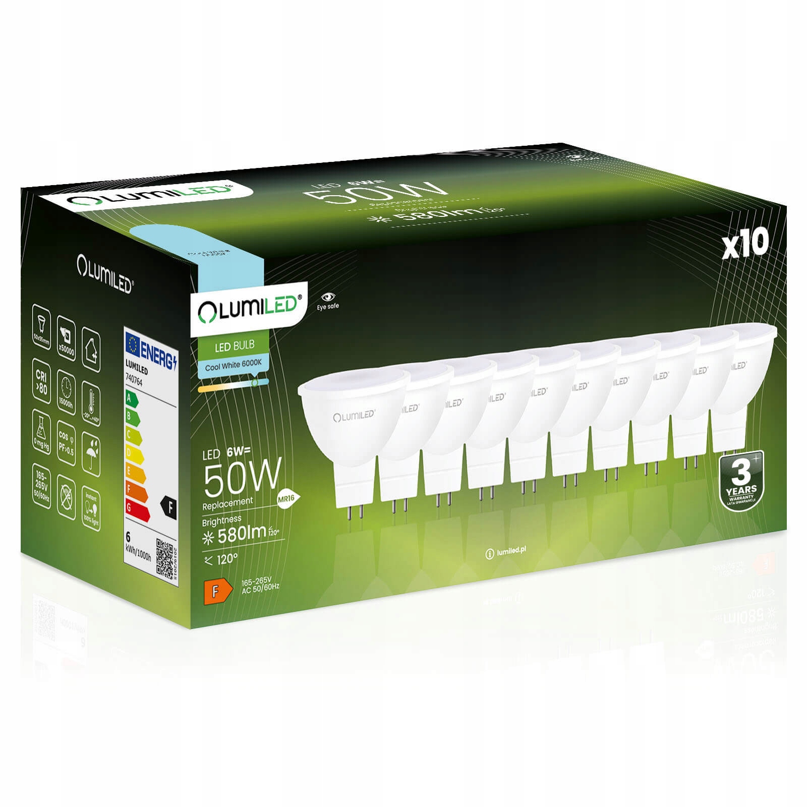 10x Żarówka Led MR16 6W 50W 6500K Zimna 230V