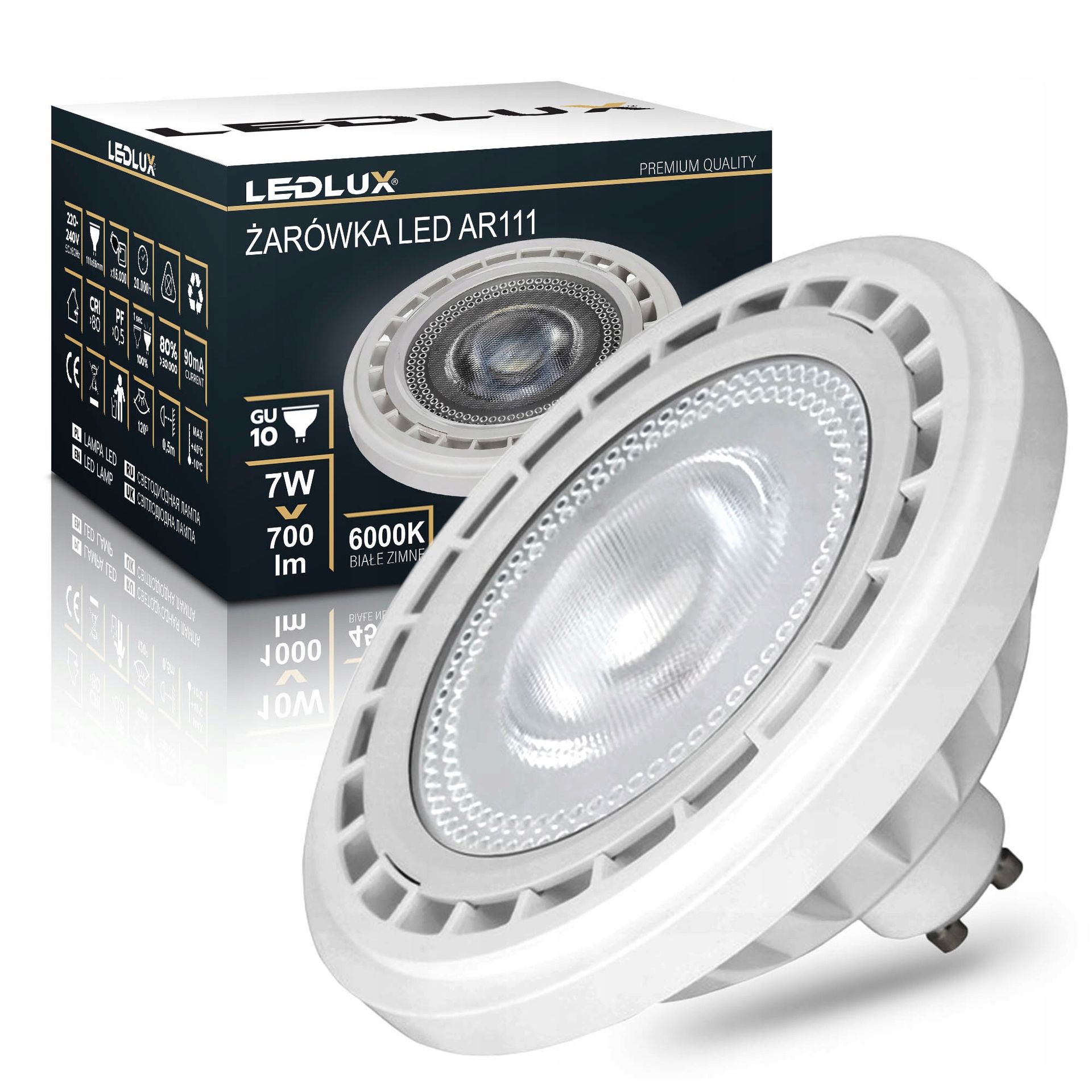Żarówka Led AR111 7W =70W 6000K GU10 Zimna Premium Ledlux nie mruga