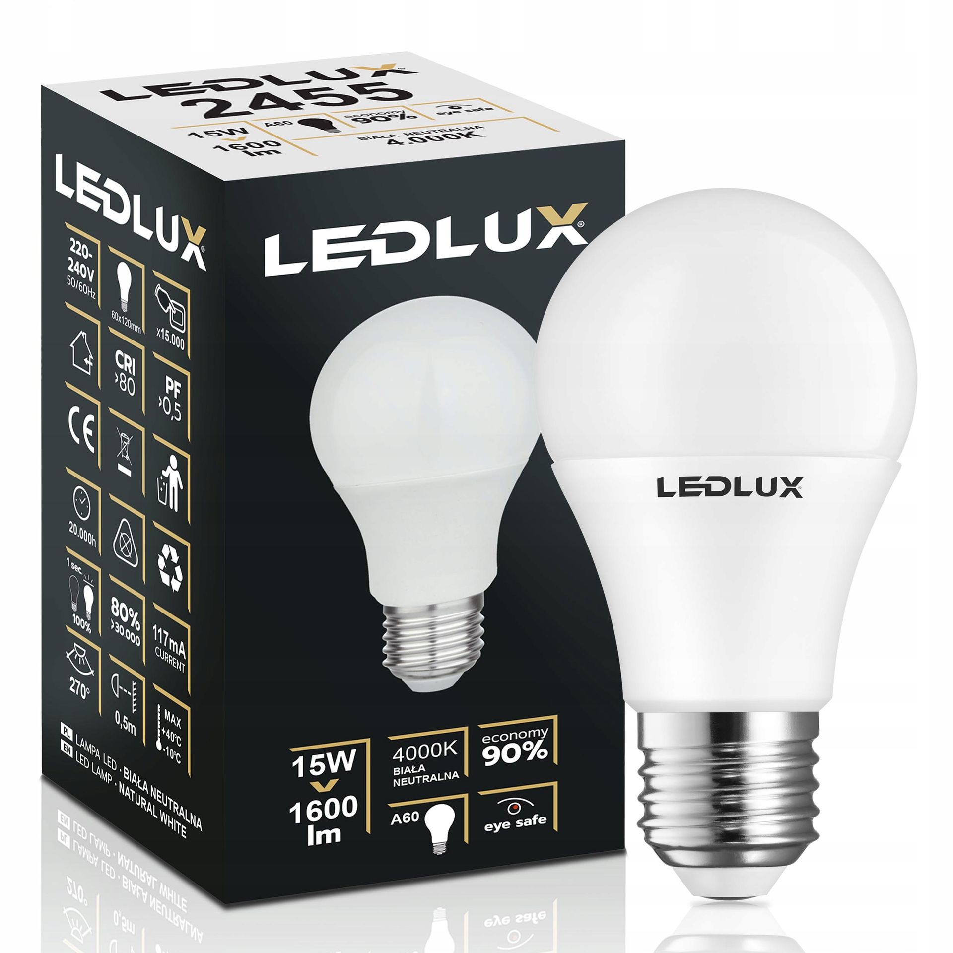 Żarówka Led E27 15W =120W Smd 4000K neutralna Premium Ledlux nie mruga