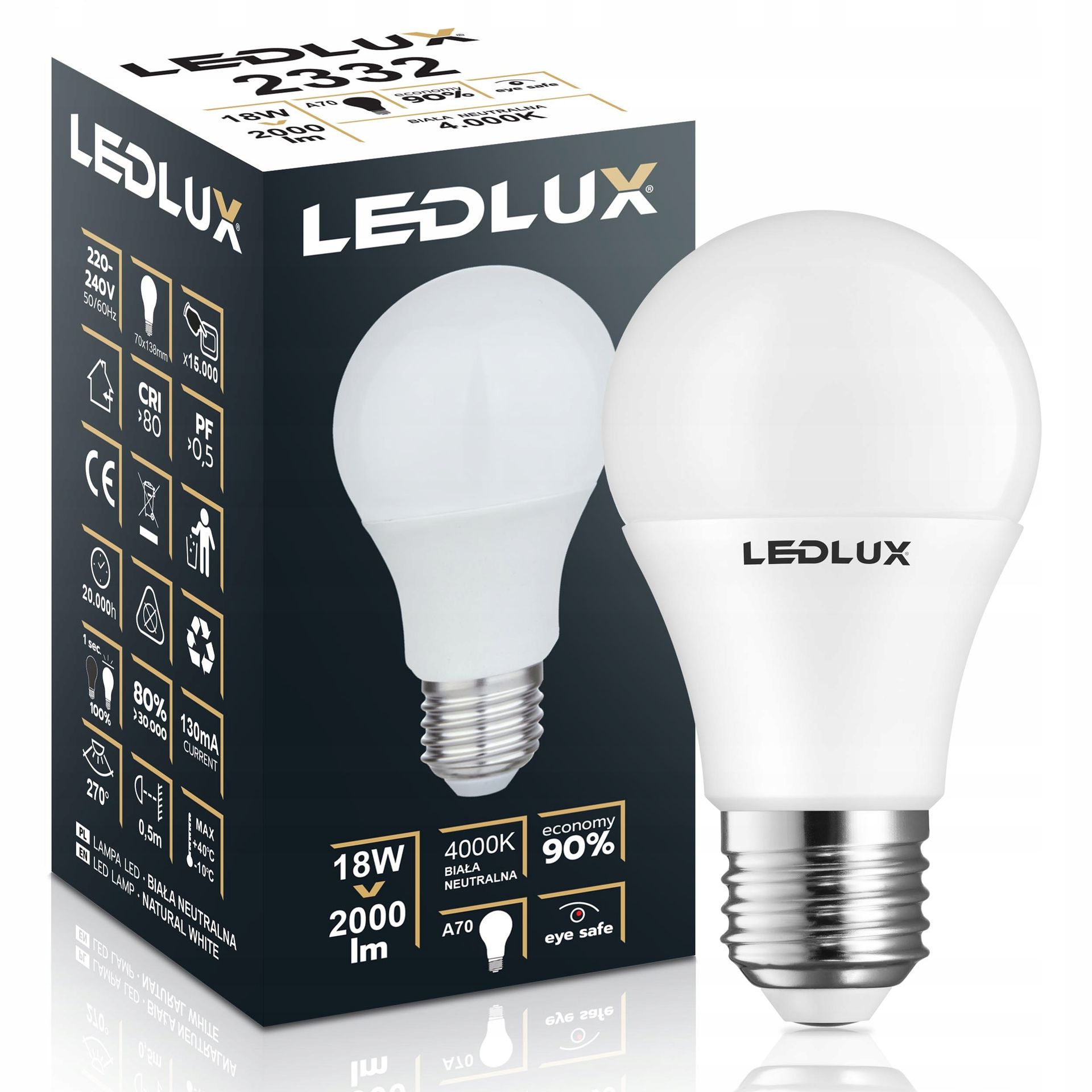 Żarówka Led E27 18W =130W Smd 4000K neutralna Premium Ledlux nie mruga